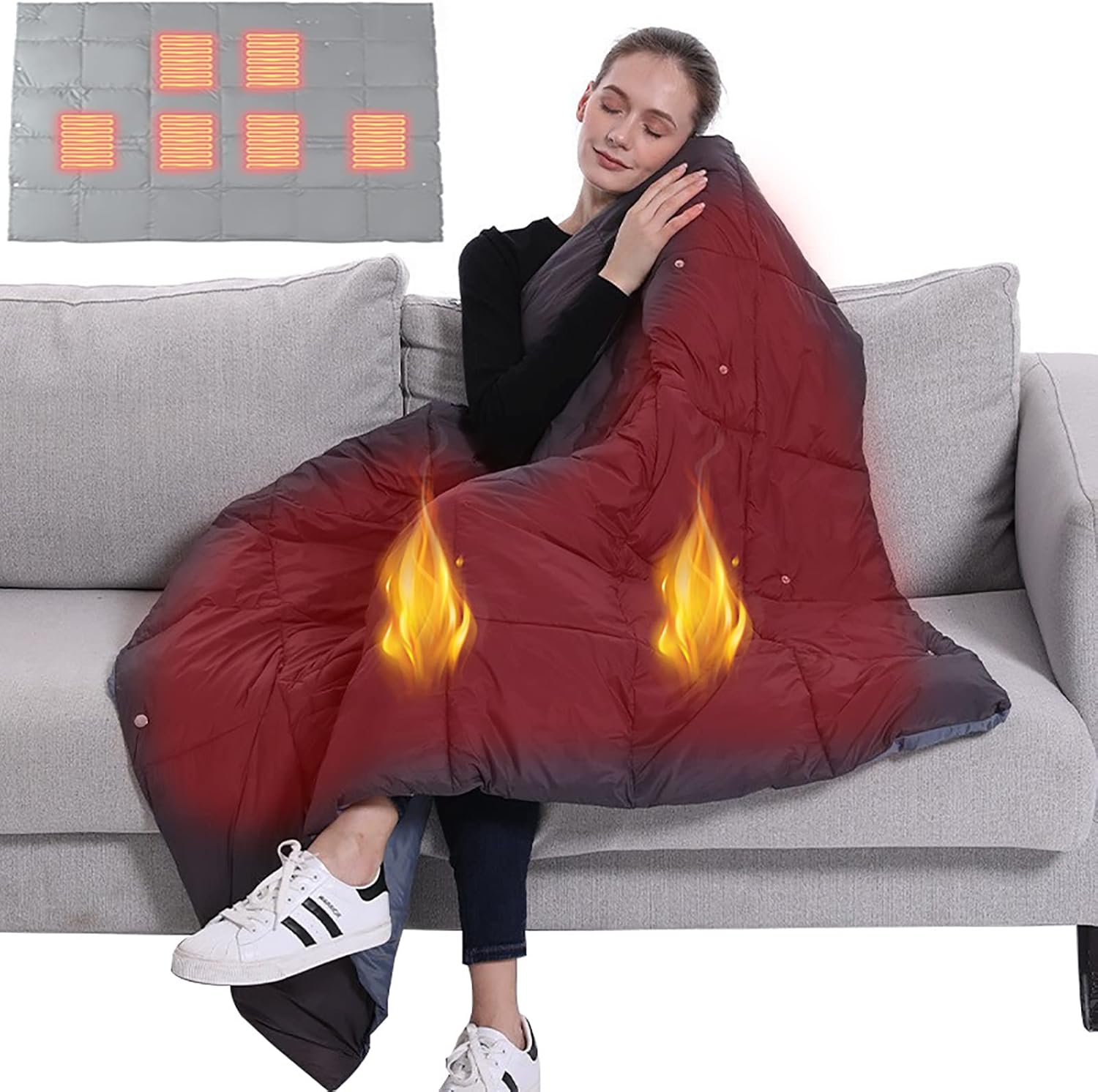 Chal térmico USB con funda de almohada, manta de felpa con 3 niveles de calor, USB 5 V, manta de forro polar impermeable eléctrica para exteriores,