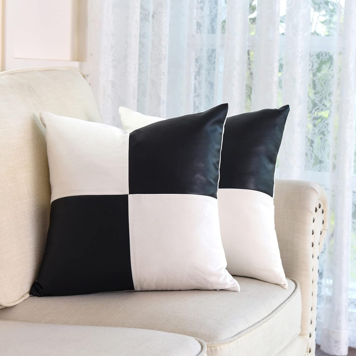 Juego de 2 fundas de almohada de lino con retazos de piel sintética negra, modernas, minimalistas, cuadradas, decorativas, bohemias, de 18 x 18