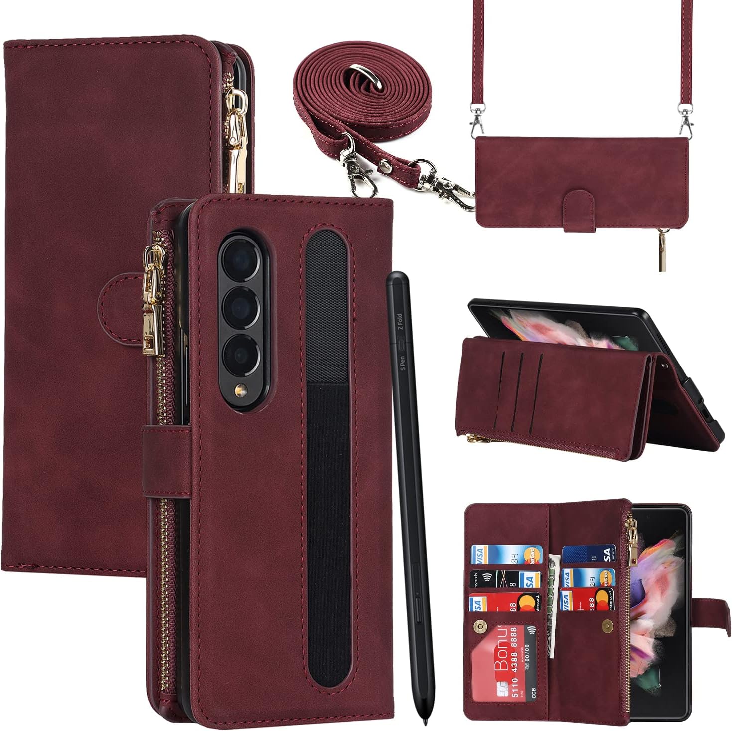Funda para Galaxy Z Fold 4, funda tipo cartera con soporte para bolígrafo S, 9 tarjeteros, 1 billetera con cremallera, 2 ranuras para efectivo,