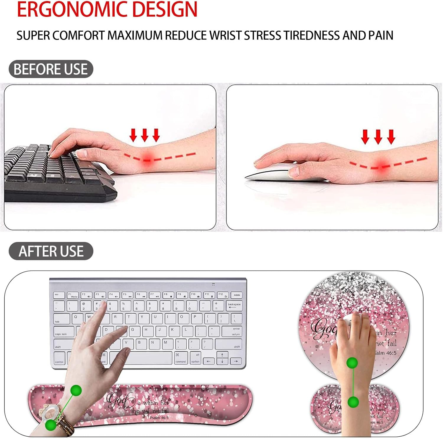 Reposamuñecas para teclado + alfombrilla para mouse + reposamuñecas para mouse + posavasos, espuma viscoelástica ergonómica, juego de 4 alfombrillas