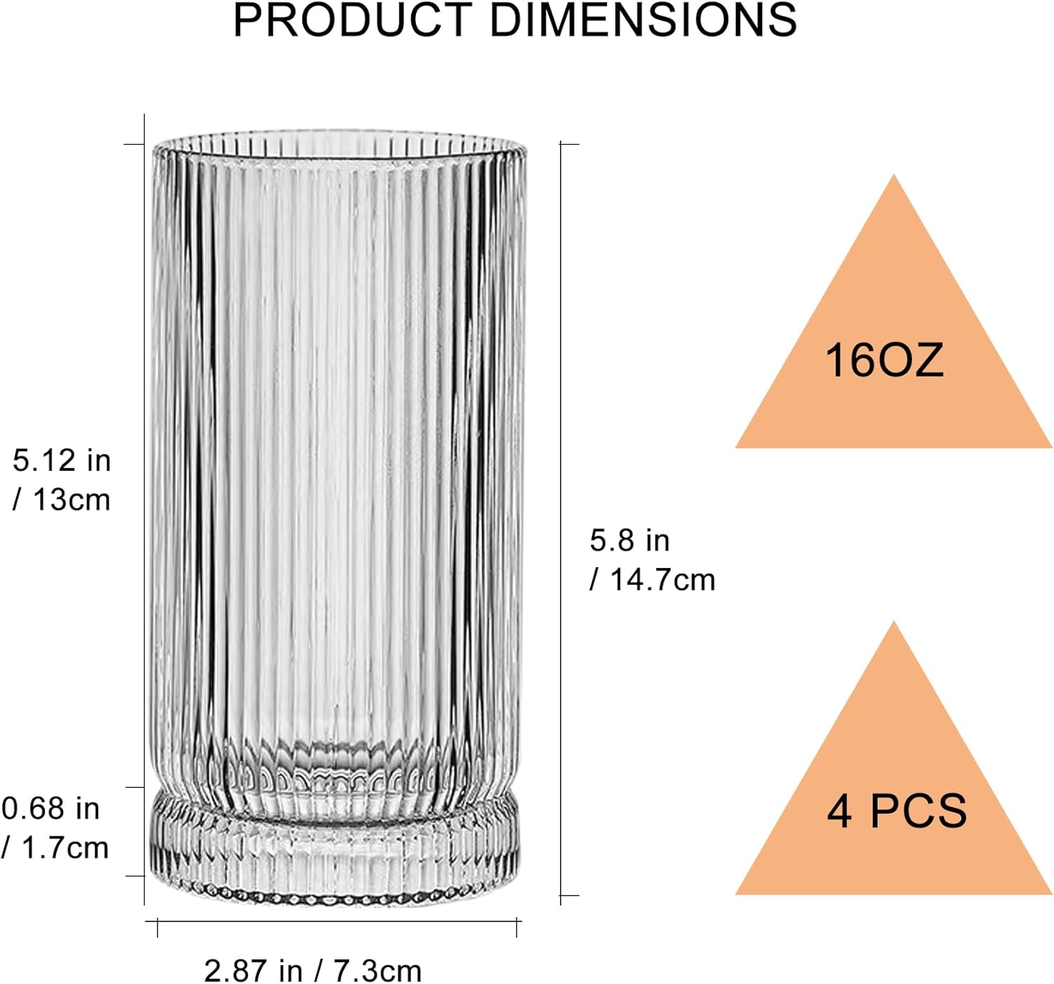 Juego de 4 vasos de 16 onzas, vasos de vidrio altos para café helado, cócteles, jiuces, cristalería acanalada, elegantes vasos de agua altos para el