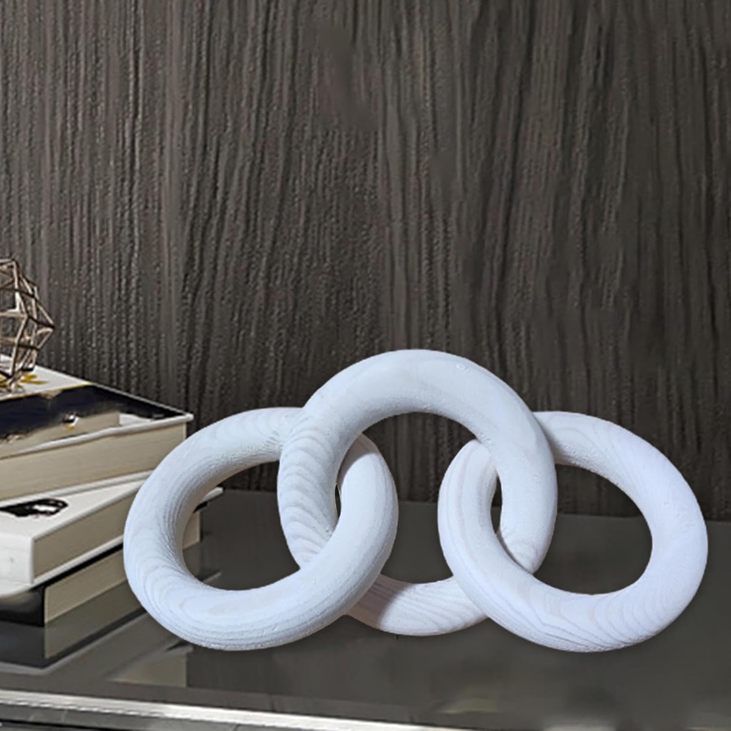 Qianly Cadena de eslabones de madera rústica de 3 eslabones tallada a mano versátil anillo de diámetro 3.9 in decoración de mesa decorativa para