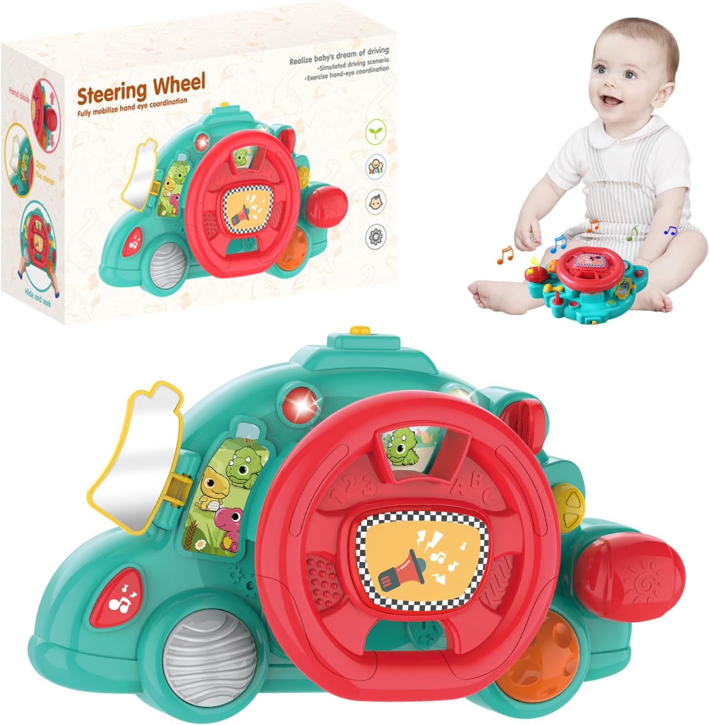 HANMUN Juguetes de asiento de automóvil para bebé, juguete para volante de automóvil con luces musicales y sonidos de conducción, juguetes para