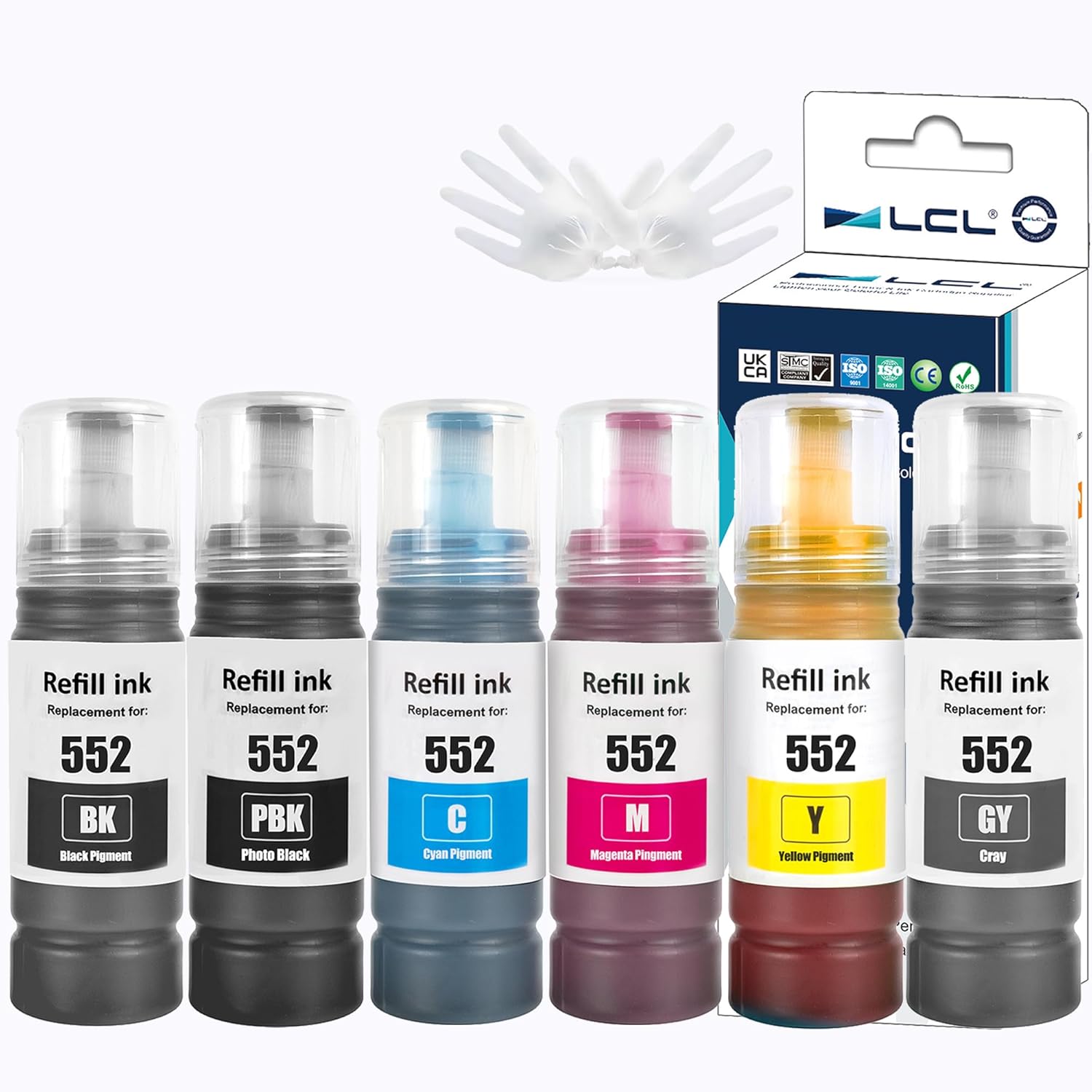 LCL T552 552 – Botellas de repuesto de tinta para impresora EcoTank Photo ET-8500 ET-8550 (6 unidades, negro, negro fotográfico, cian, magenta,