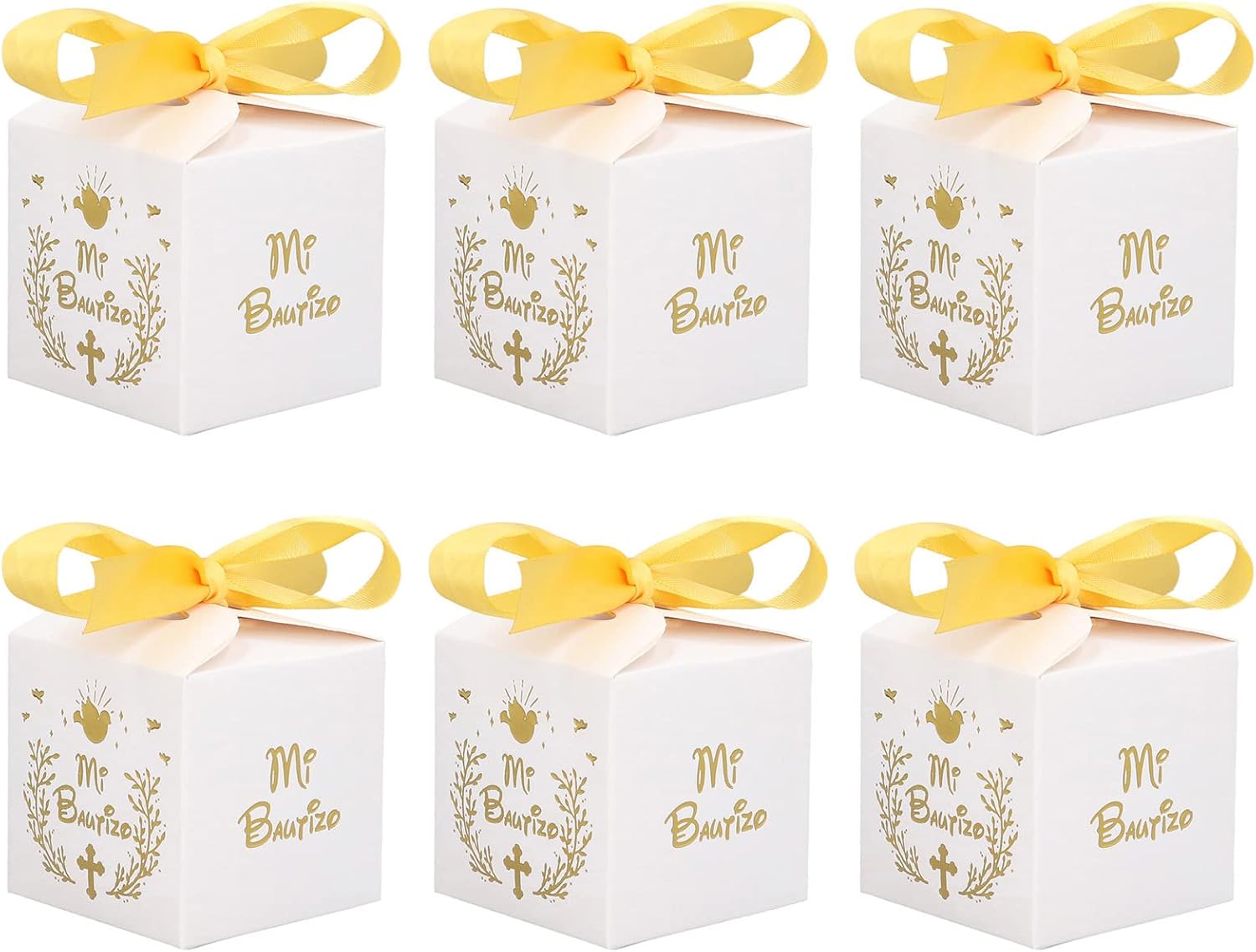 AUNMAS 50 cajas de dulces para fiesta de boda, material de papel, caja de regalo con patrón de Mi Bautizo con cinta dorada, cajas de regalo de boda