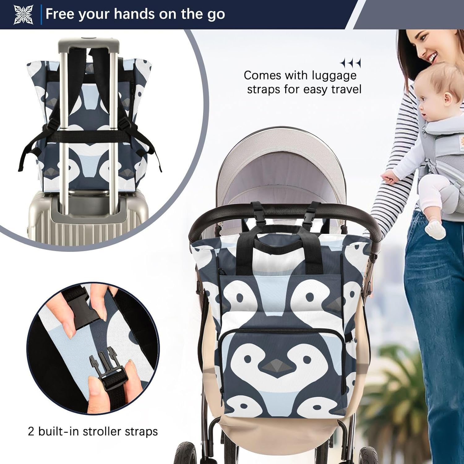Mochila de pañales de pingüino de dibujos animados para bebés, niños y niñas, multifunción para bebés, bolsa de viaje con correas para cochecito y