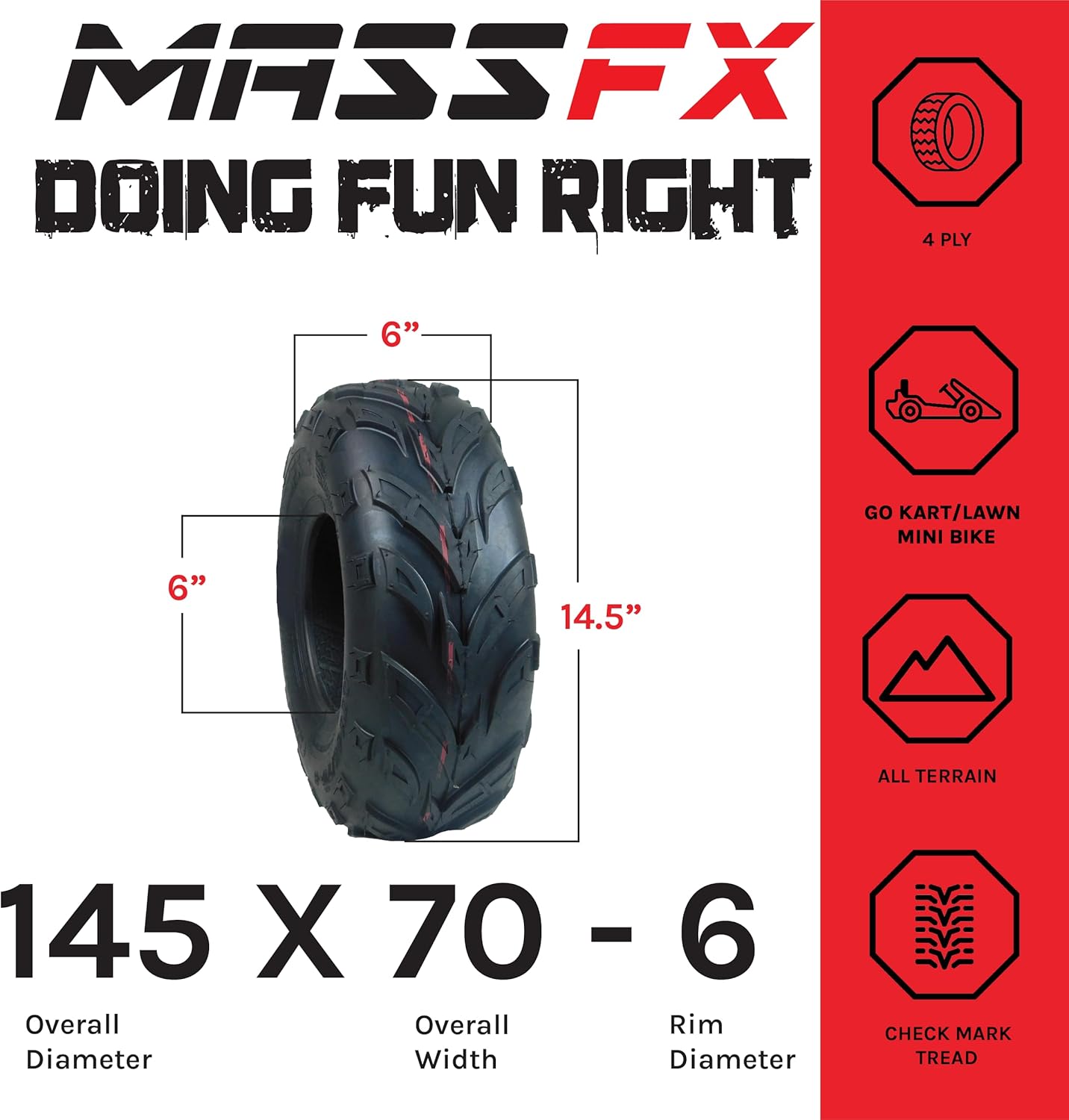 Paquete de 2 neumáticos MASSFX 14570-6 Go Kart, mini bicicleta, ATV, neumáticos de césped 145×70-6 145x70x6