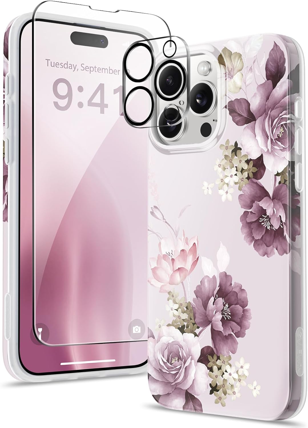 GVIEWIN Funda compatible con iPhone 15 Pro Max de 6.7 pulgadas, protector de pantalla + protector de lente de cámara, protección contra caídas a