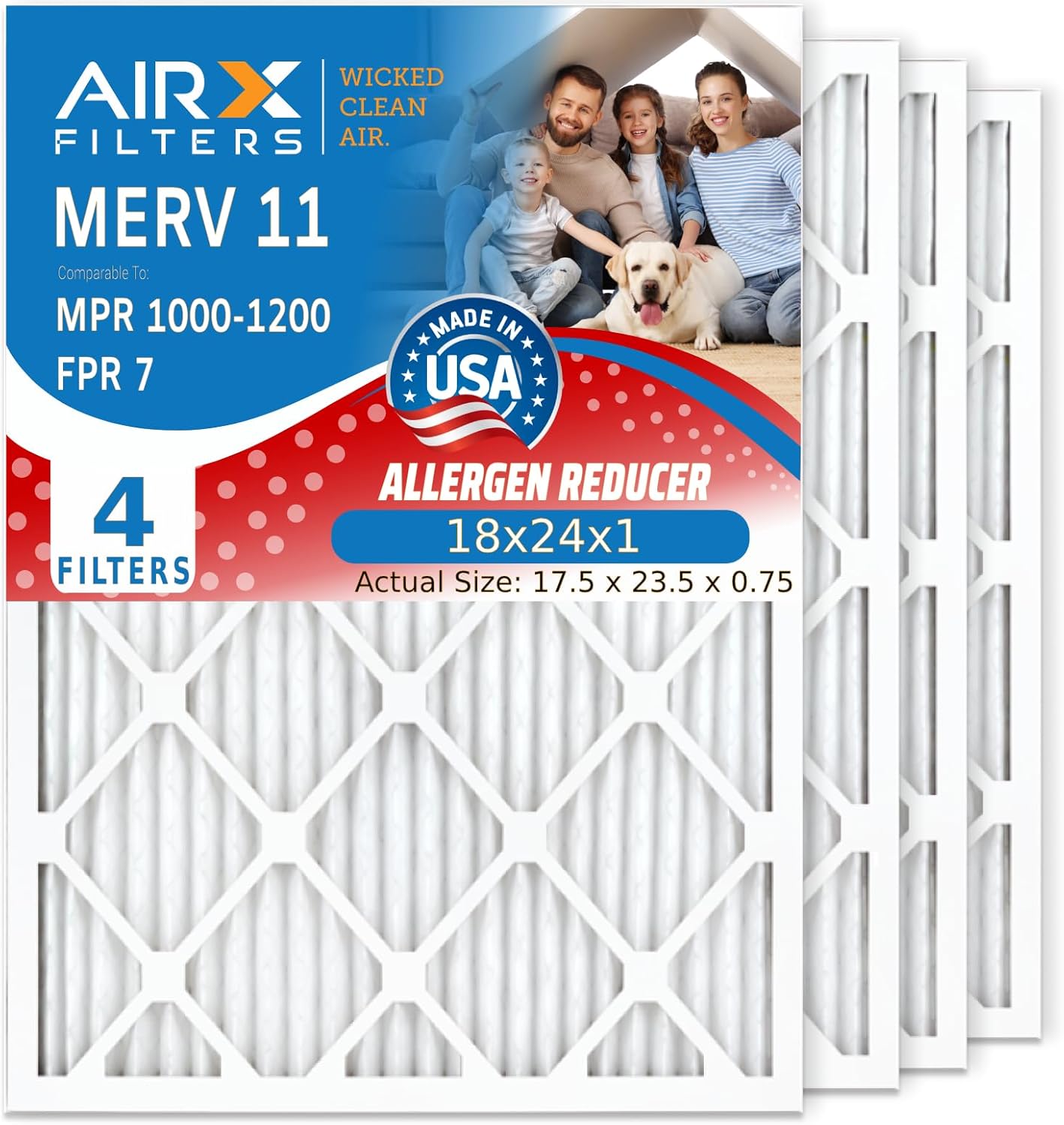 AIRX FILTERS WICKED CLEAN AIR. Filtro de aire acondicionado plisado electrostático MERV 11 de 18 x 24 x 1, paquete de 4 filtros de horno HVAC AC
