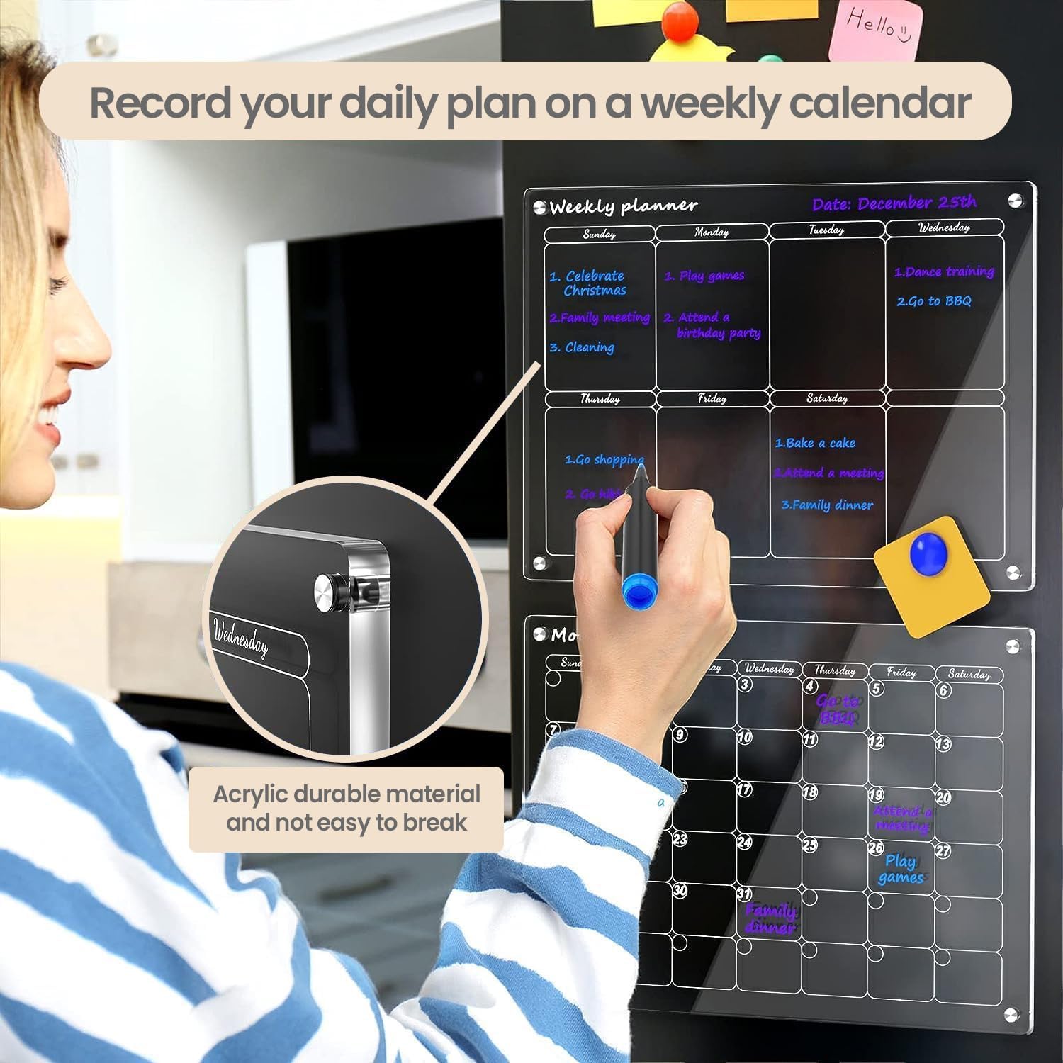 Calendario mensual y semanal magnético acrílico para refrigerador, juego de 2 calendarios transparentes de borrado en seco para refrigerador