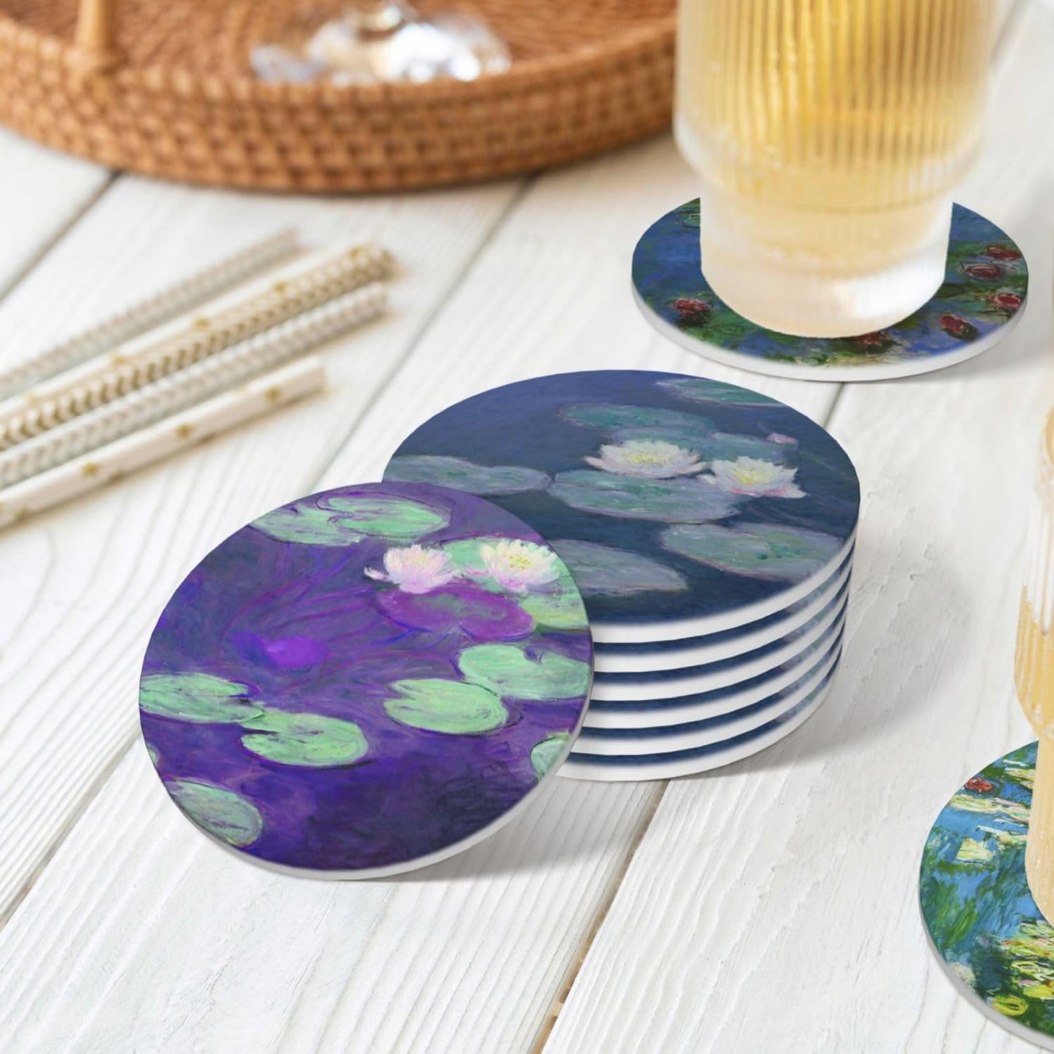 Juego de posavasos de cerámica para bebidas con base de corcho, utiliza 6 pinturas famosas de Claude Monet, regalos únicos de inauguración de la