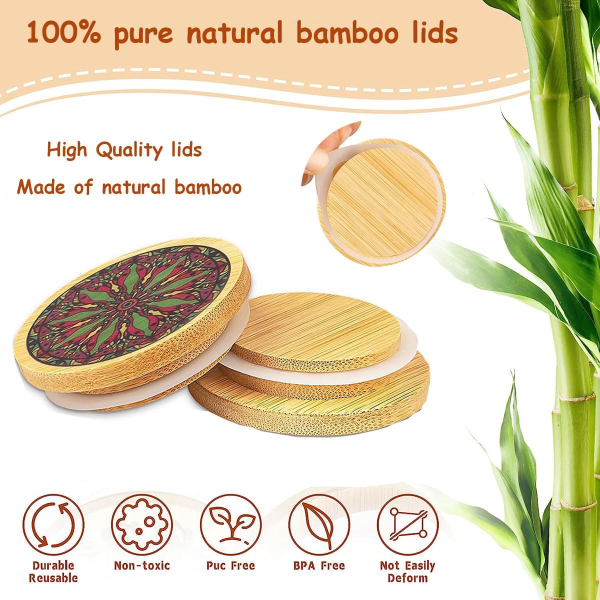 Paquete de 12 tapas para tarros de yogur Oui, tapas reutilizables de bambú natural de mandala Oui con anillos de sellado de silicona para tarros de