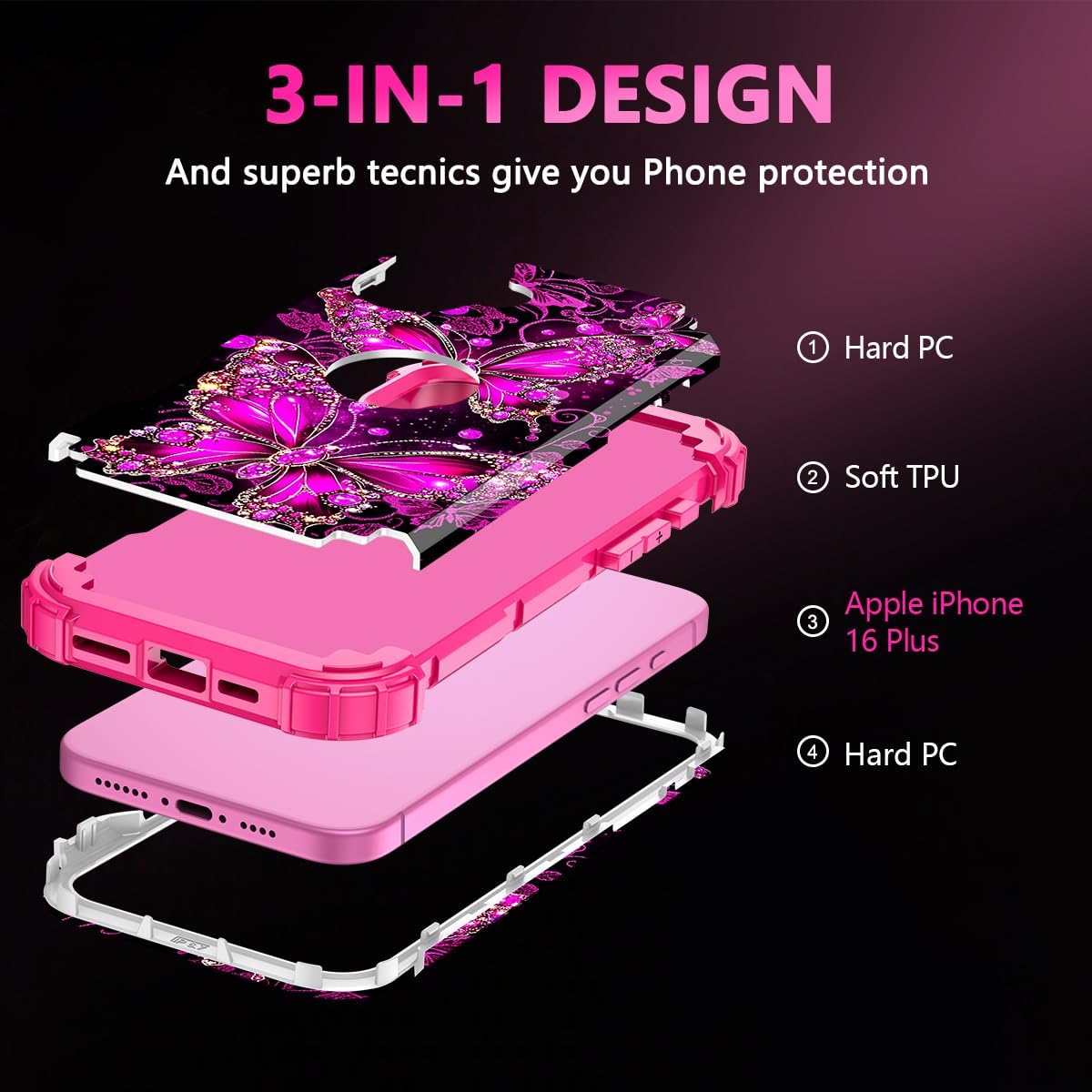 Casetego Funda para iPhone 16 Plus, que brilla en la oscuridad, tres capas, resistente, a prueba de golpes, protección completa, policarbonato duro