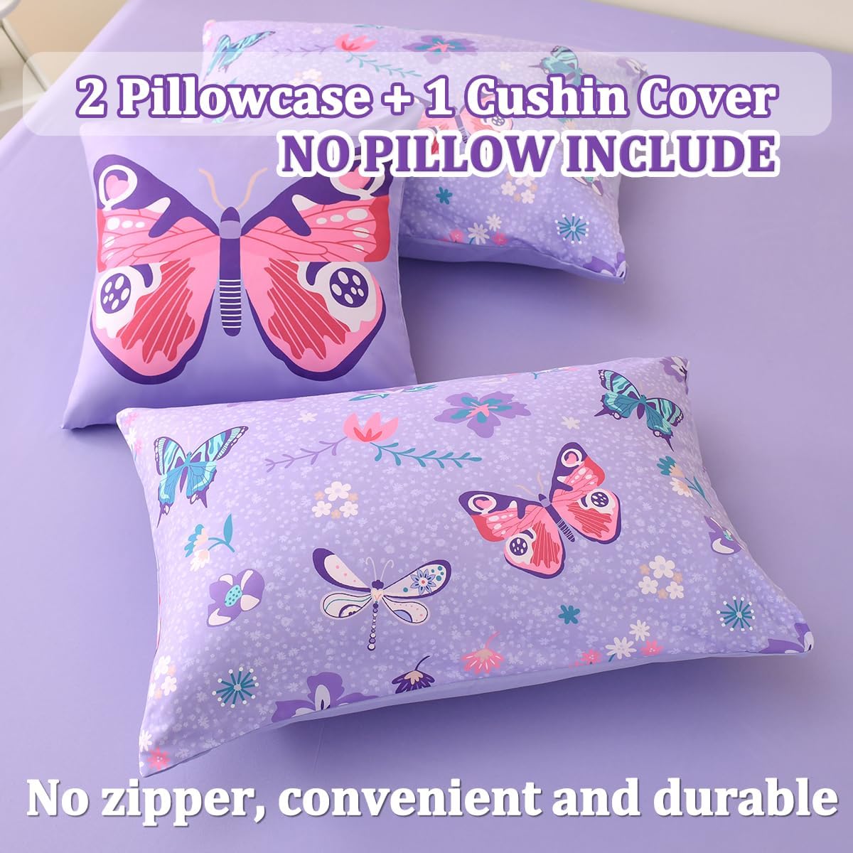 Tasselily Juego de ropa de cama de mariposa matrimonial, juego de edredón de mariposa púrpura para niñas, niños y adolescentes, 6 piezas de cama en