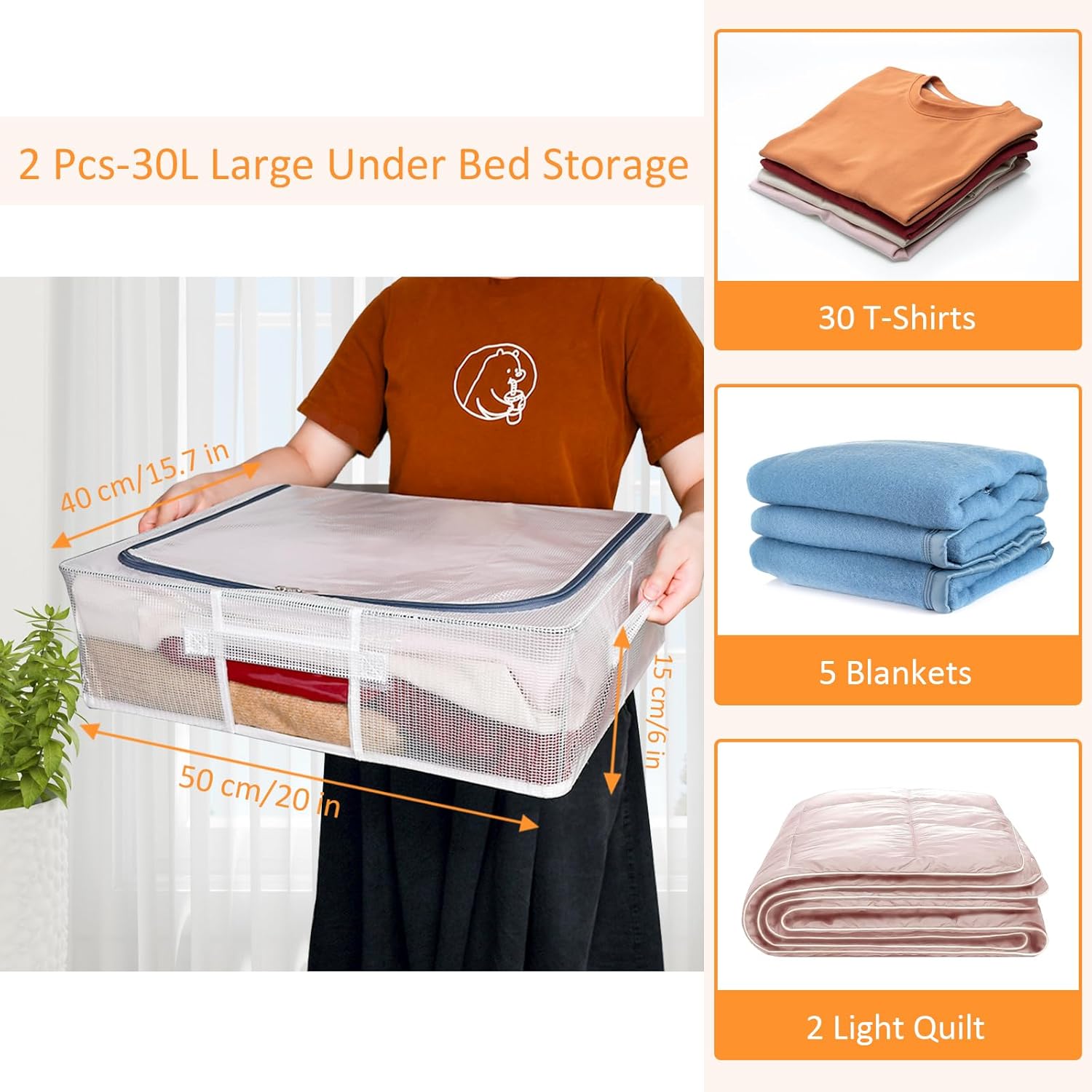 Contenedores de almacenamiento para debajo de la cama, paquete de 2, 30 litros de almacenamiento de ropa debajo de la cama con soporte interno