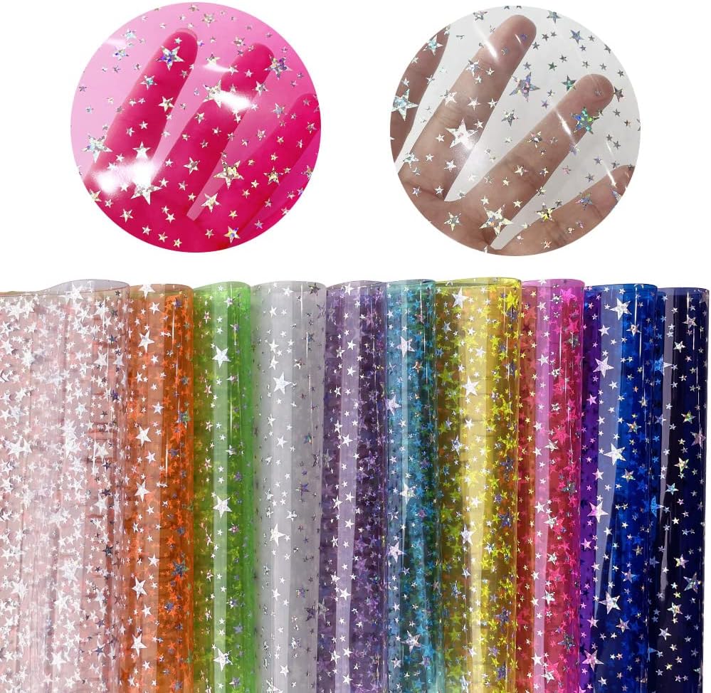 XHT 10 piezas de tela de vinilo de PVC brillante, 8.3 x 11.8 pulgadas, transparente, estampado láser estrella, impermeable, para lazos para el