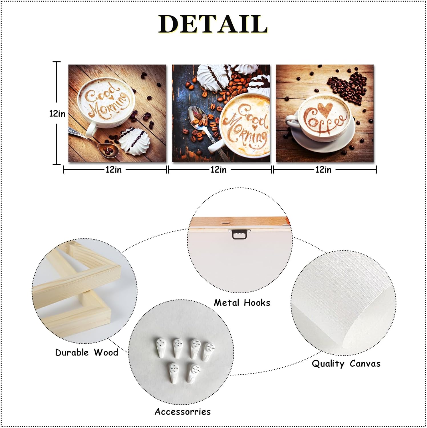 iLOOKLiKE 3 paneles de lienzo de cocina, arte de pared, granos de café, impresiones de imagen de taza de café en mesa de madera vintage, póster de