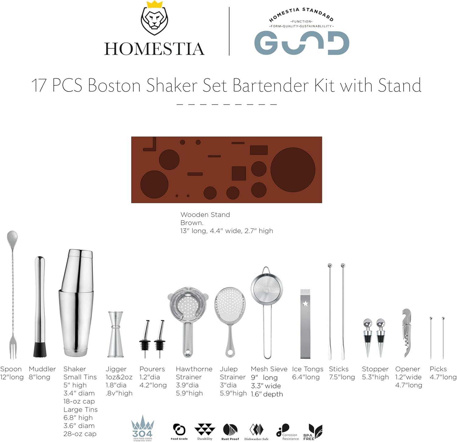 Homestia Juego de coctelera Boston de 18 piezas, kit de barman con soporte, juego de coctelera Boston, juego de coctelera de bebidas, kit de