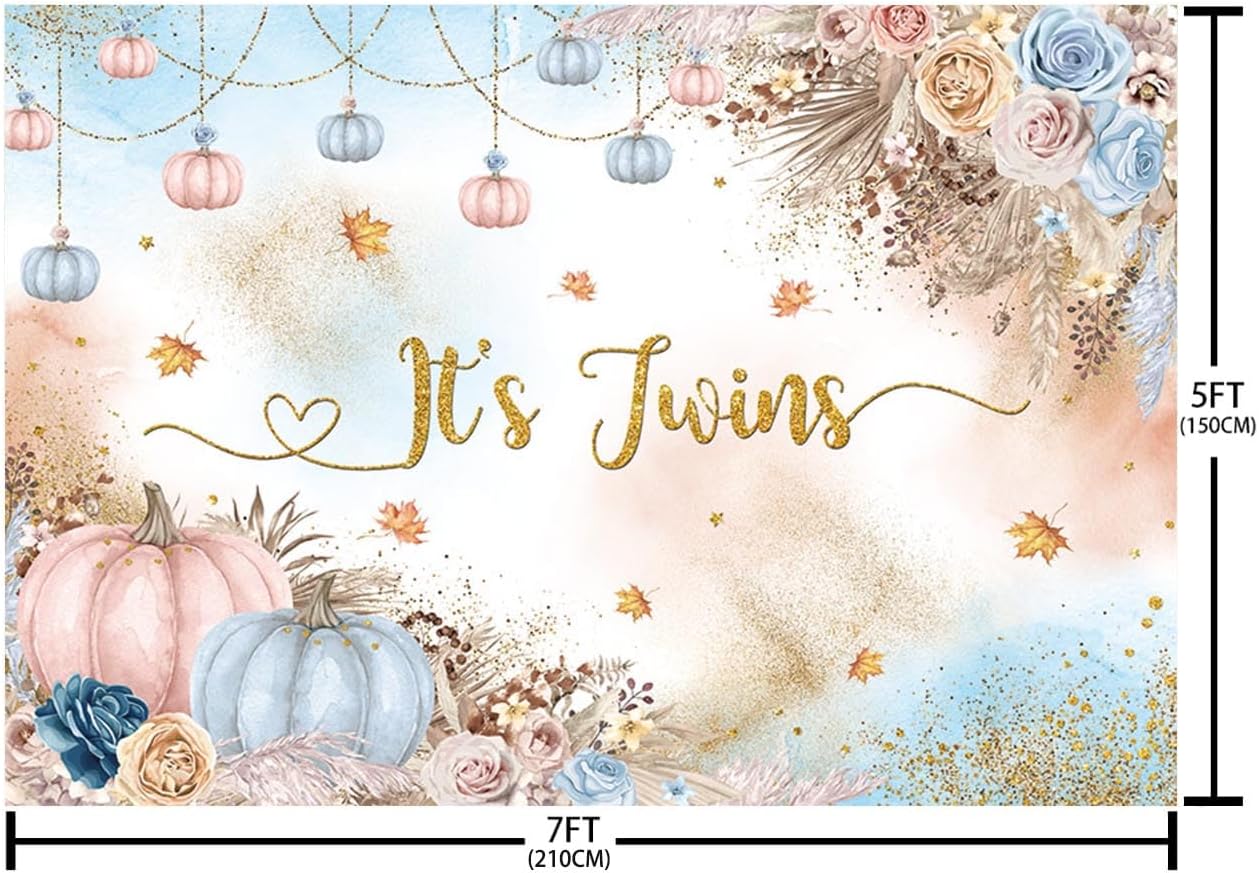 AIBIIN Telón de fondo bohemio de otoño de 7 x 5 pies para fotografía de baby shower con texto en inglés “It’s Twins”, para niños y niñas, color azul