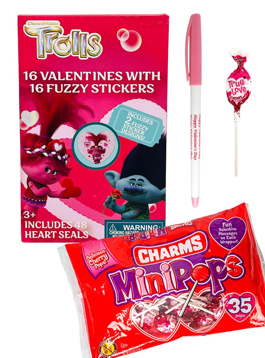 Trolls – 16 tarjetas de San Valentín con dijes, piruletas, minipops, calcomanías peludas, 48 sellos de calcomanías de corazón y (1) paquete de