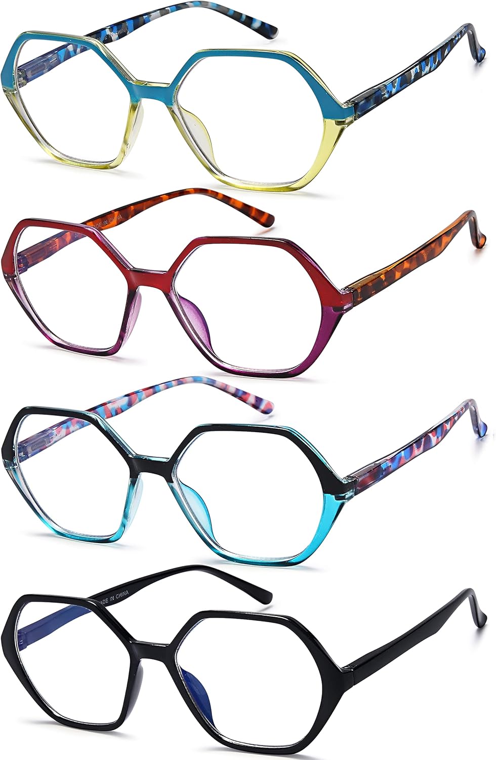 EYEURL Gafas de lectura para mujer, paquete de 4 lentes de lectura con bloqueo de luz azul, diseño vintage, marco en forma de diamante, bisagra de