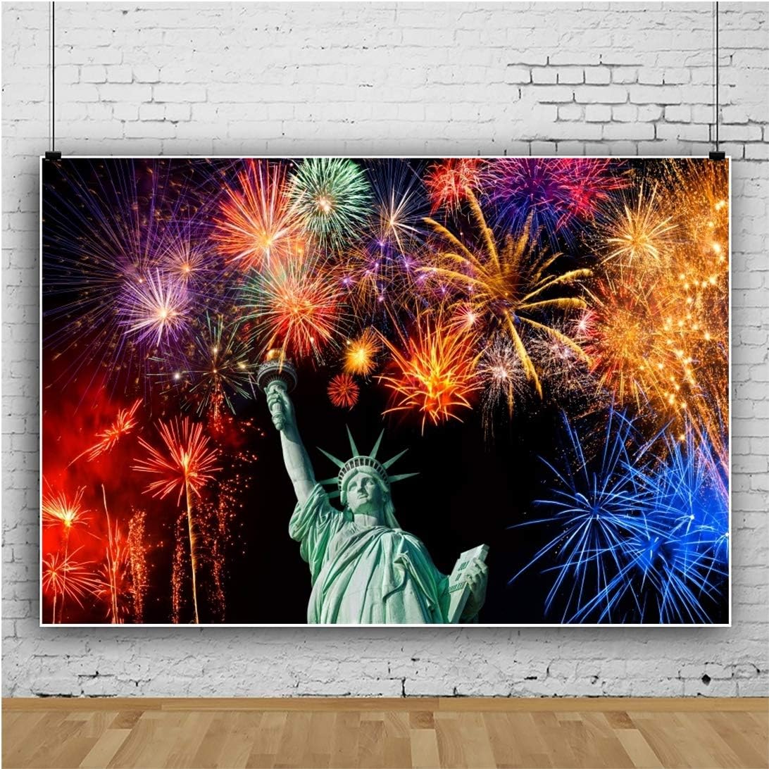 YongFoto Vinilo 4.9 x 31.5ft Estatua de la Libertad Fondo Brillante Fuegos Artificiales de Gran América, Decoración al aire libre, Fiesta