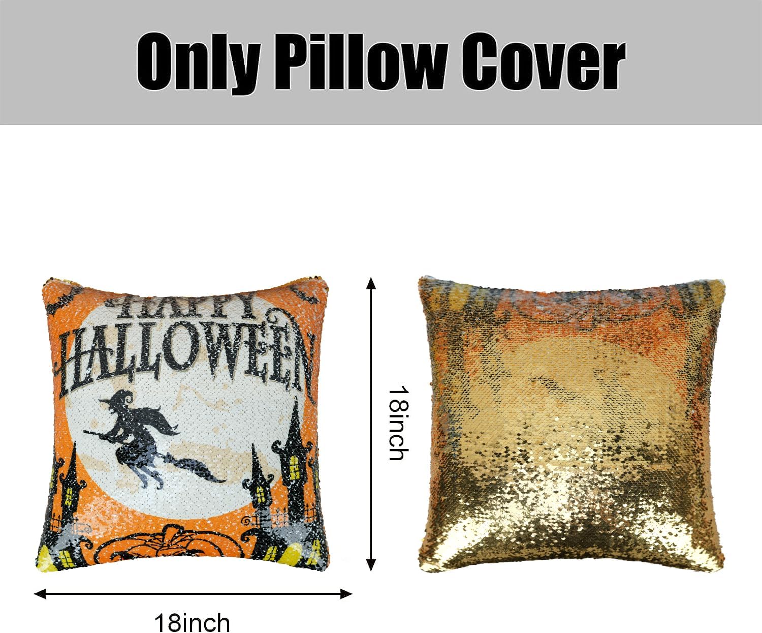 Pyonic Fundas de almohada de lentejuelas reversibles para decoración de Halloween, 16 x 16 pulgadas, fundas de almohada cuadradas con purpurina