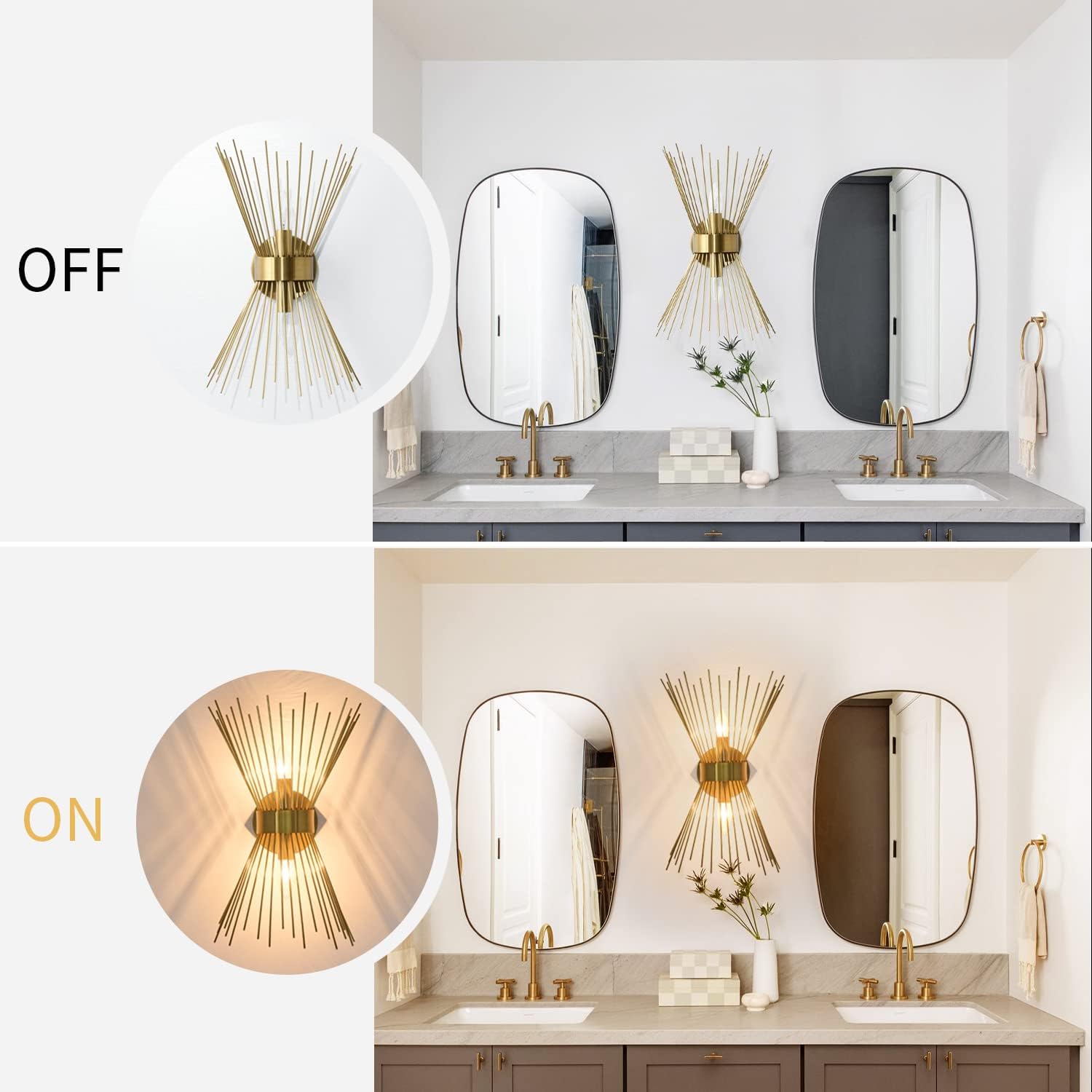 Lámpara de tocador de baño de 2 luces, moderna lámpara de pared dorada Starburst de mediados de siglo, lámpara de pared de latón galvanizado para
