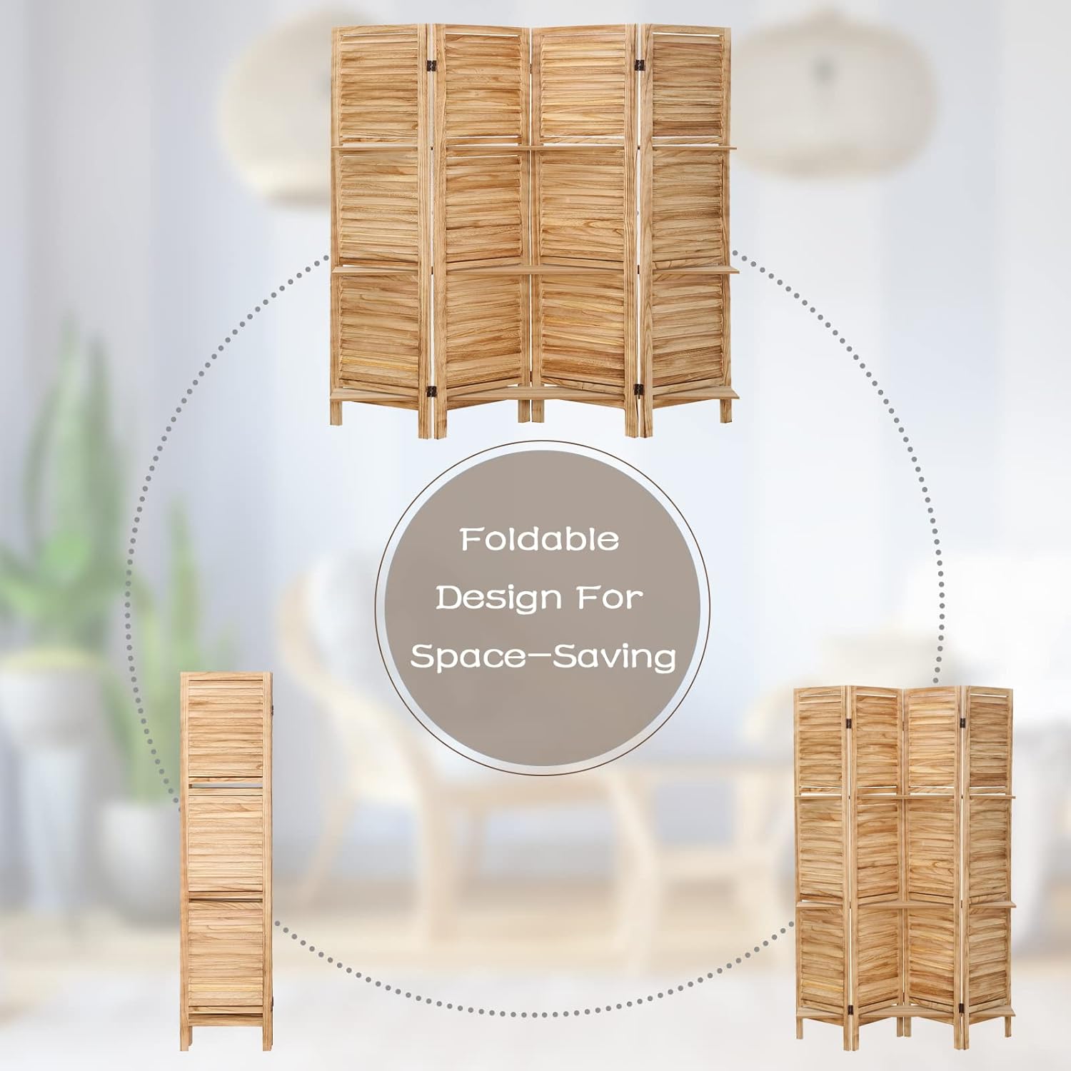 Babion Divisor de habitación con estantes, separadores de habitación de 5.6 pies, 4 paneles, separadores de habitación de madera y pantallas