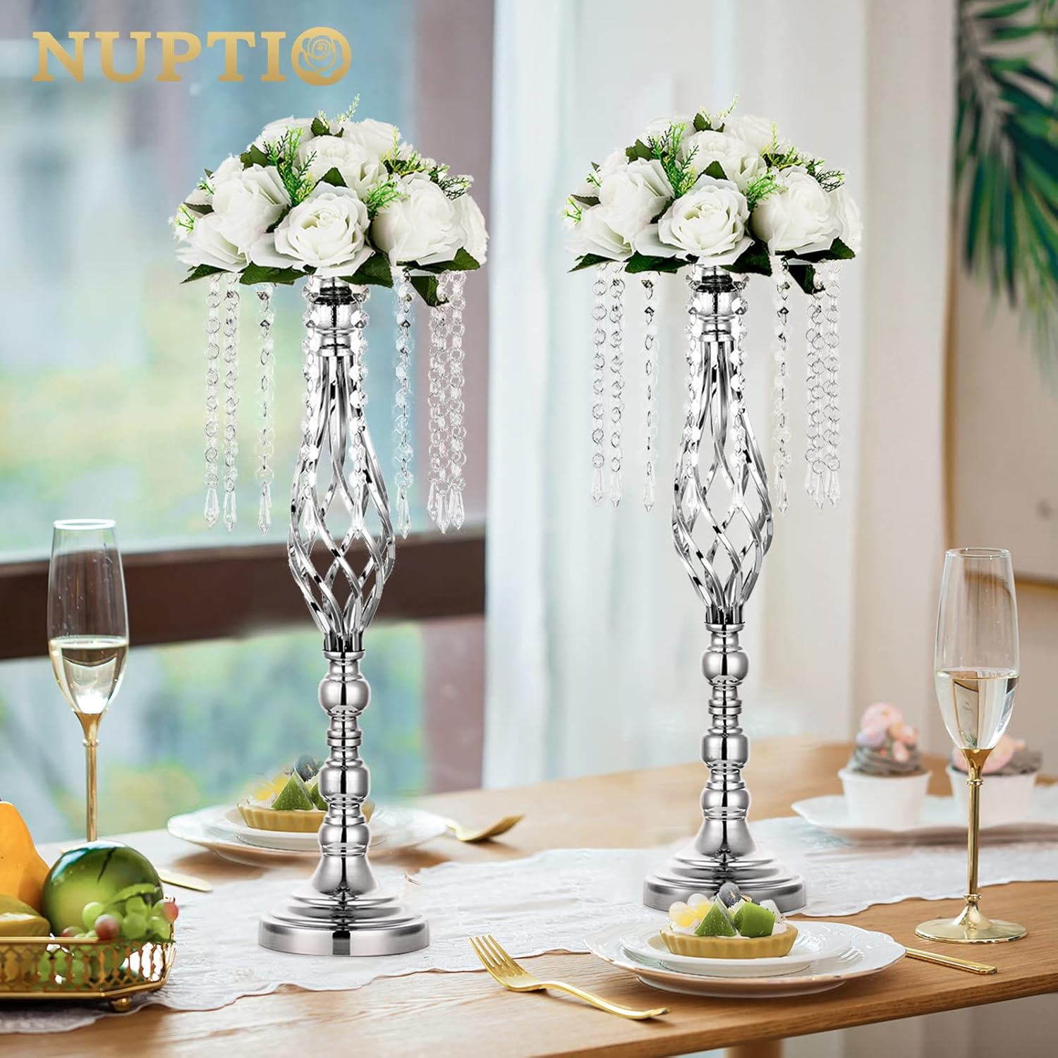 Nuptio 2 piezas de centro de mesa de boda plateadas, 21.7 pulgadas21.7 in de altura, jarrones de flores artificiales de cristal para bodas, fiestas,
