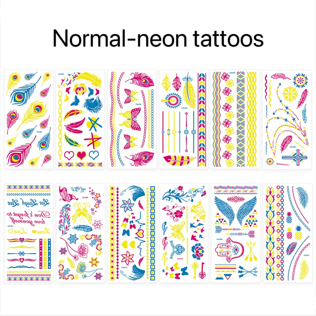 12 tatuajes temporales que brillan en la oscuridad de tamaño grande  Adhesivos fluorescentes fluorescentes de neón para adultos con purpurina
