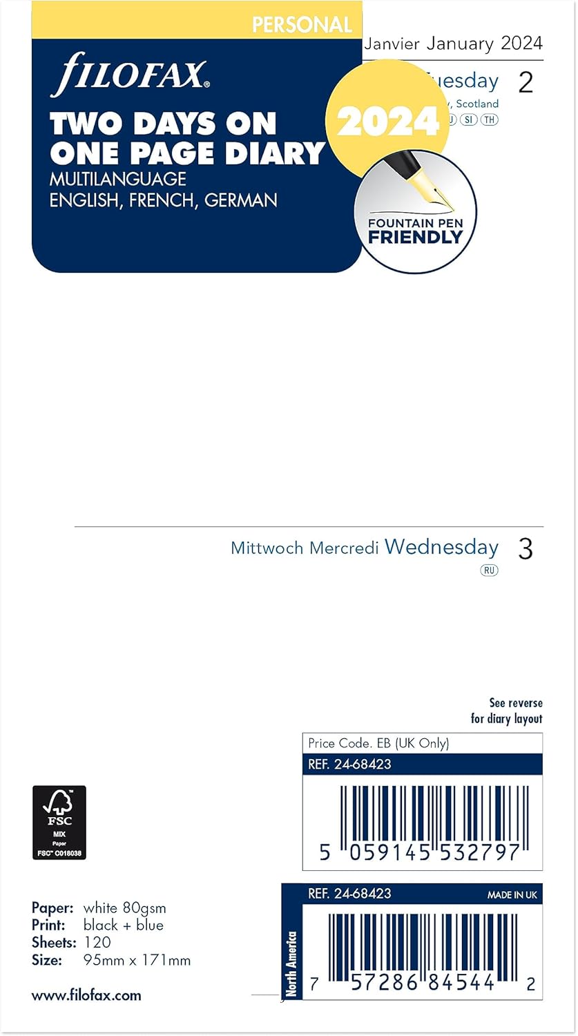 Filofax Recambio de diario de calendario, tamaño personalcompacto, dos días en una página, papel blanco, sin rayas, trilingüe, 2024 (C68423-24)