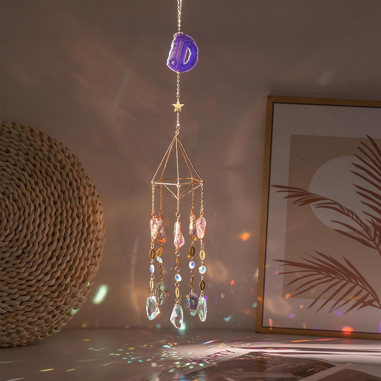 Atrapasoles para ventana interior  Decoración colgante de cristal de ágata en rodajas para ventana, colgante de cristal de amatista curativa, prisma