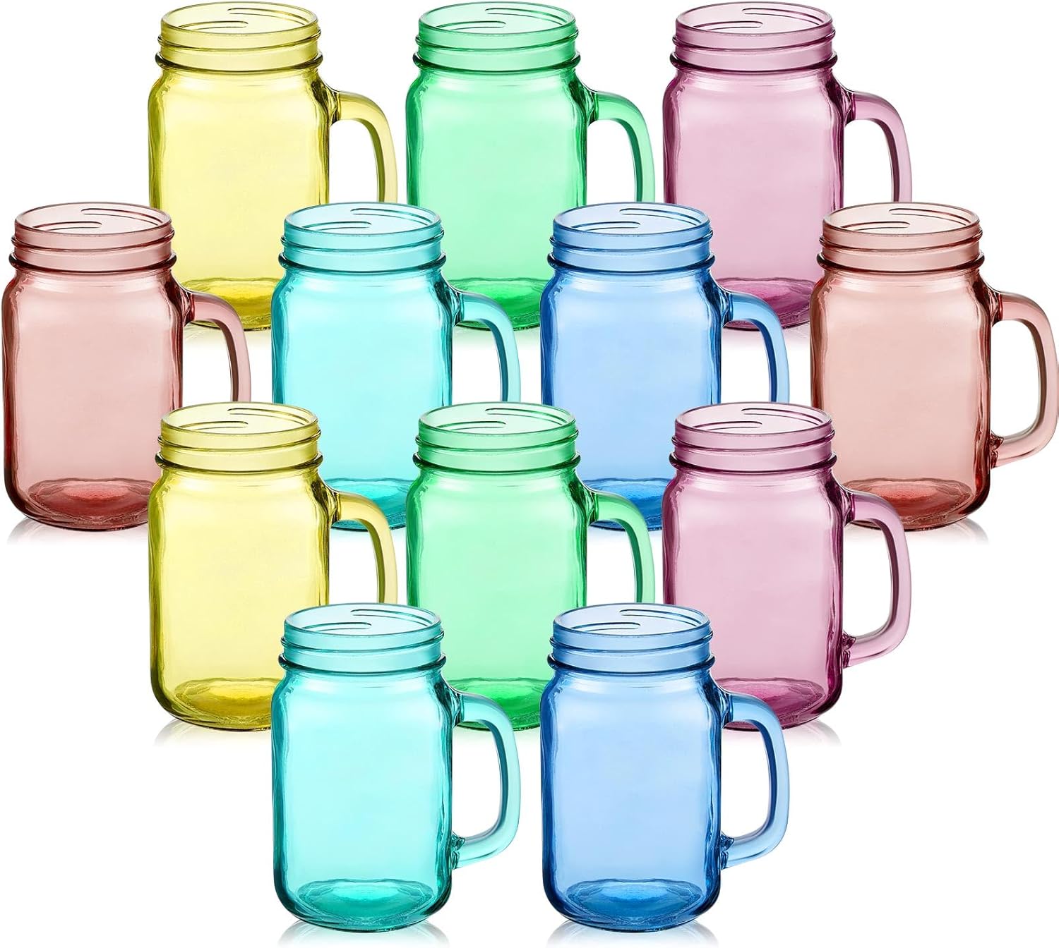 12 tarros Mason de colores de 16 onzas con asa, vasos para beber bebidas frías, decoración de almacenamiento, recuerdos de fiesta, cócteles, 6