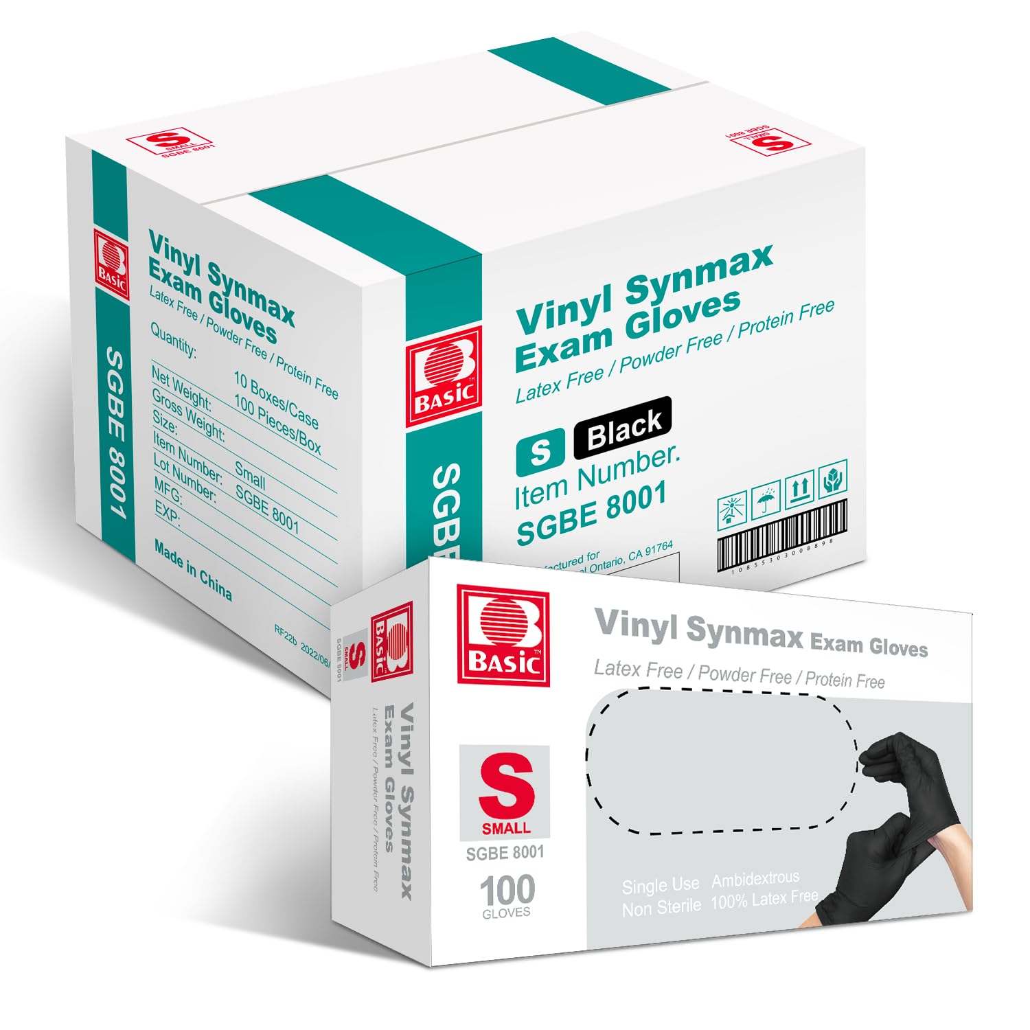 Basic Guantes de examen de vinilo, guantes Safty de 4 mil, sin látex y sin polvo, SGBE 8001 Synmax, guantes médicos desechables pequeños (caja de