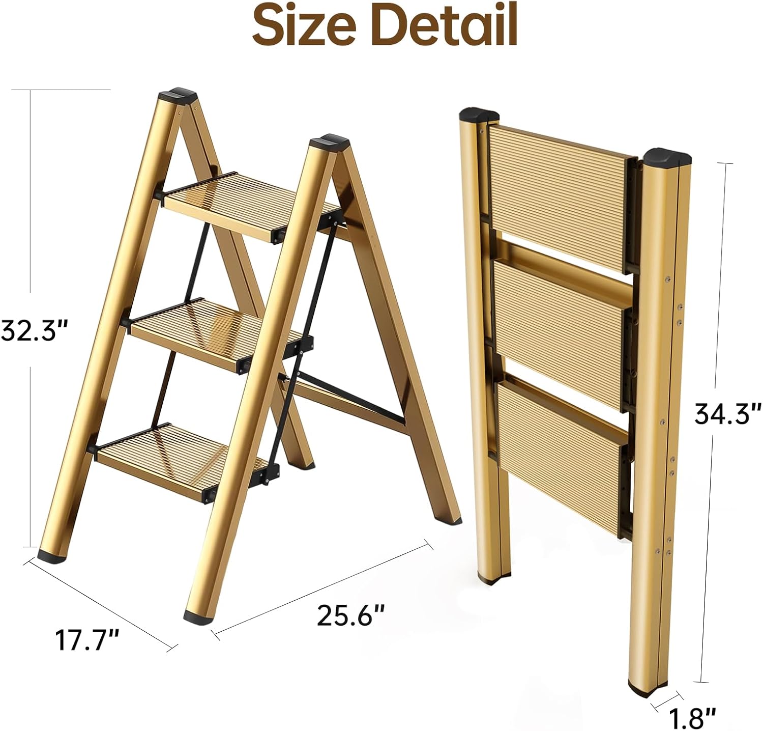 Taburete plegable de 3 escalones para armariococina-Escalera de aluminio dorado, escaleras plegables ligeras de 330 libras con pedal ancho
