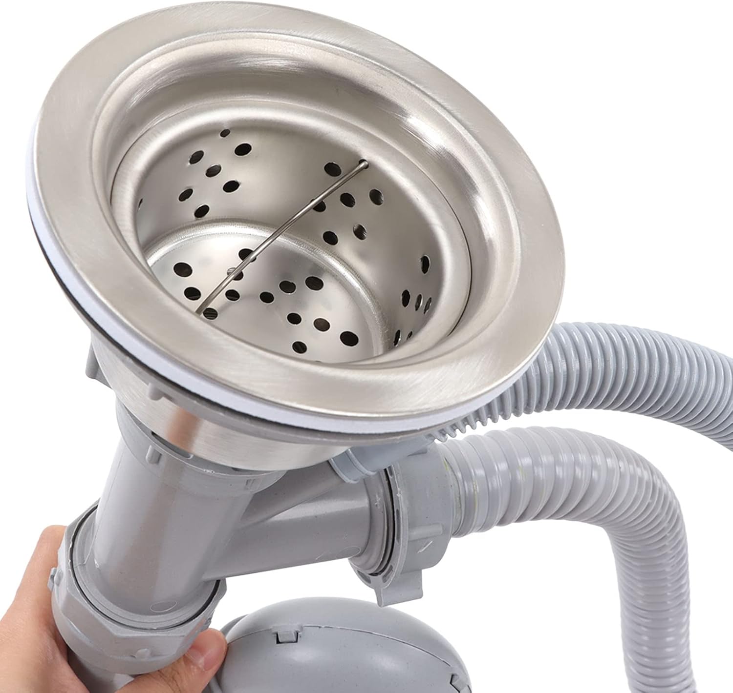Juego de drenaje y tubería de fregadero, tubo de drenaje doblado en S de acero inoxidable para fregadero de cocina con doble drenaje, juego de