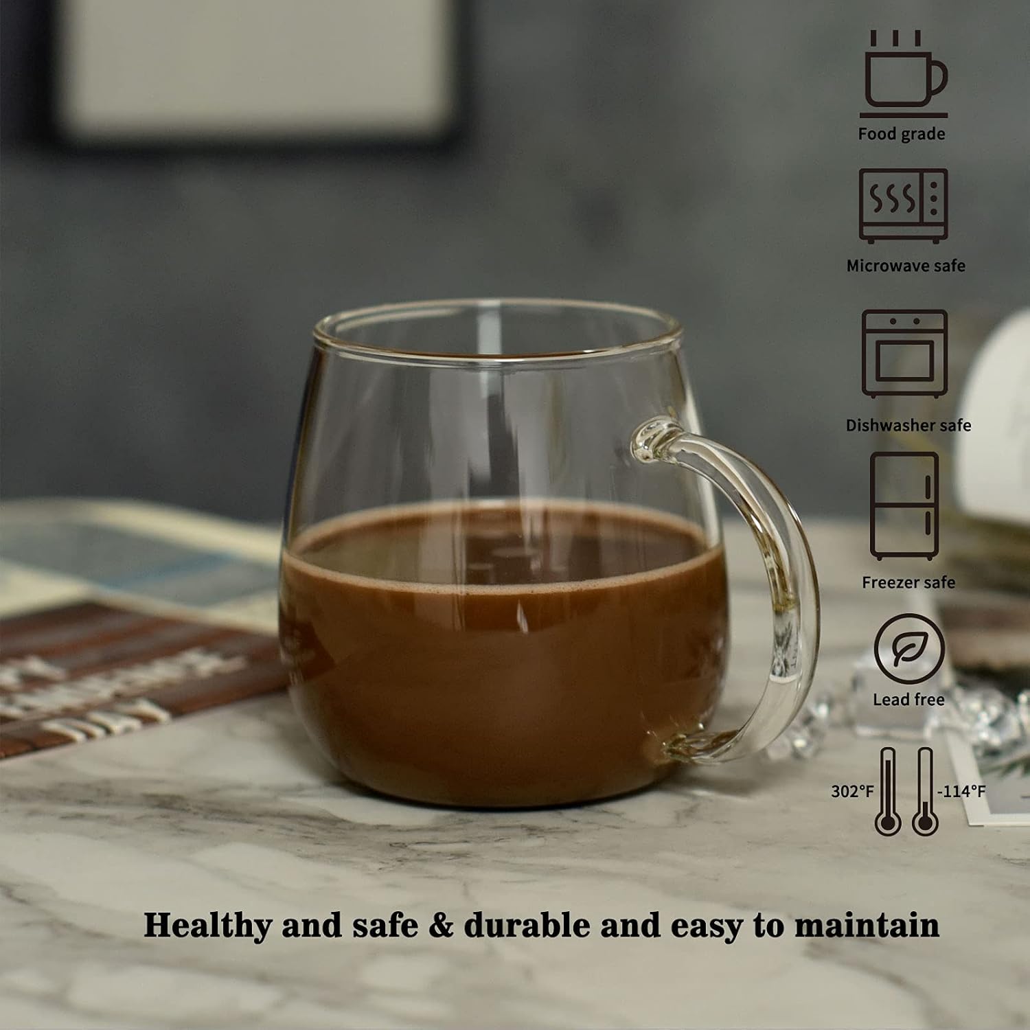 Juego de 4 tazas de café de vidrio transparente de 13 onzas con asas, perfectas para latte, moca, capuchino, té y jugo, juego de tazas de café