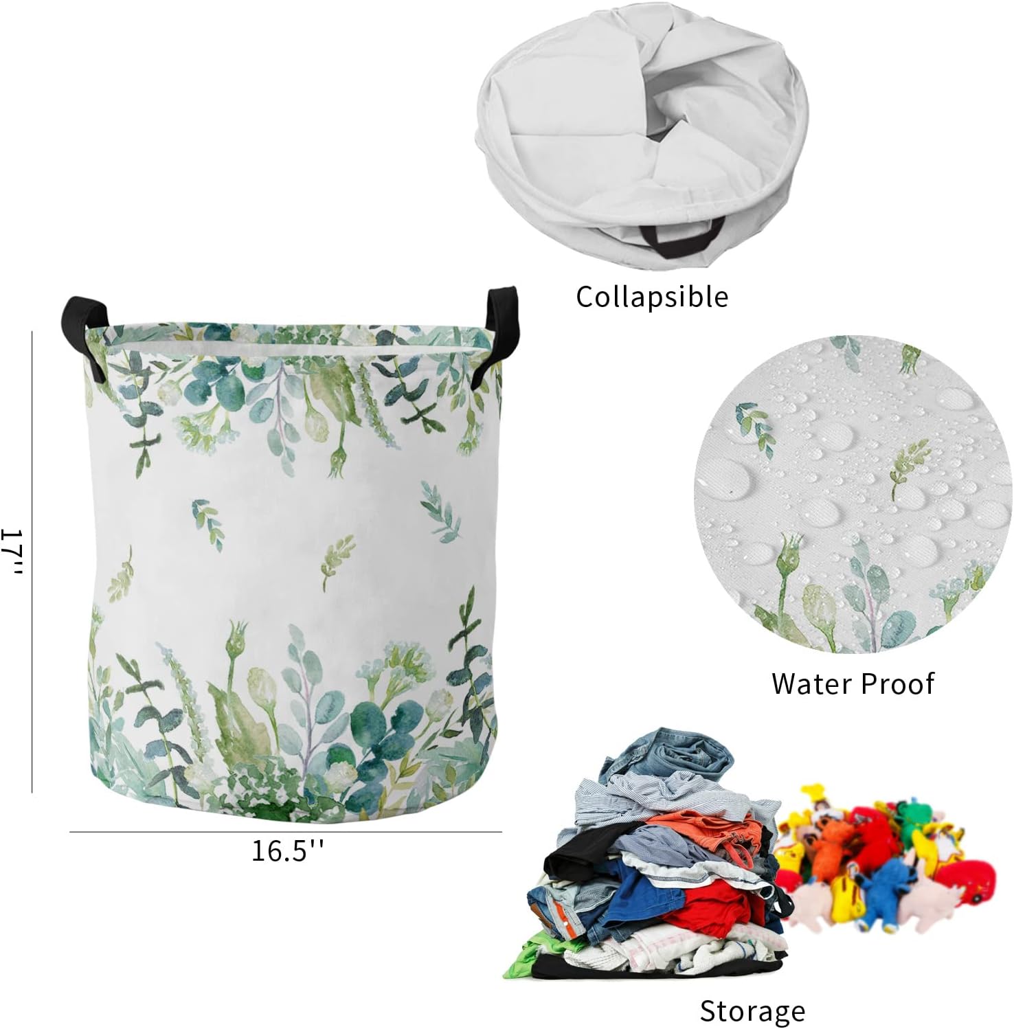 Eucalyptus Leaves Large Laundry Basket,Collapsible Bag with Easy Carry Handles,16.5x17in Waterproof Foldable Freestanding Hamper,Washing Bin Storage