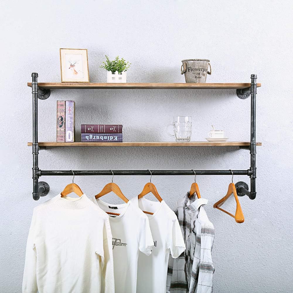 Estante industrial para ropa de tubería montado en la pared con estante de madera real, estante flotante de pared, estante de exhibición rústico al