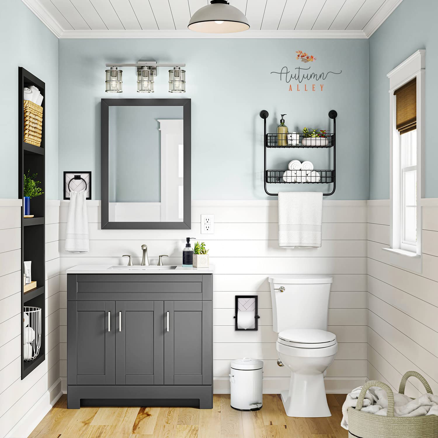 Autumn Alley, Farmhouse – Basurero de baño blanco con tapa y pedal, cubo de basura blanco para baño rústico, cubo de basura de cocina de granja,