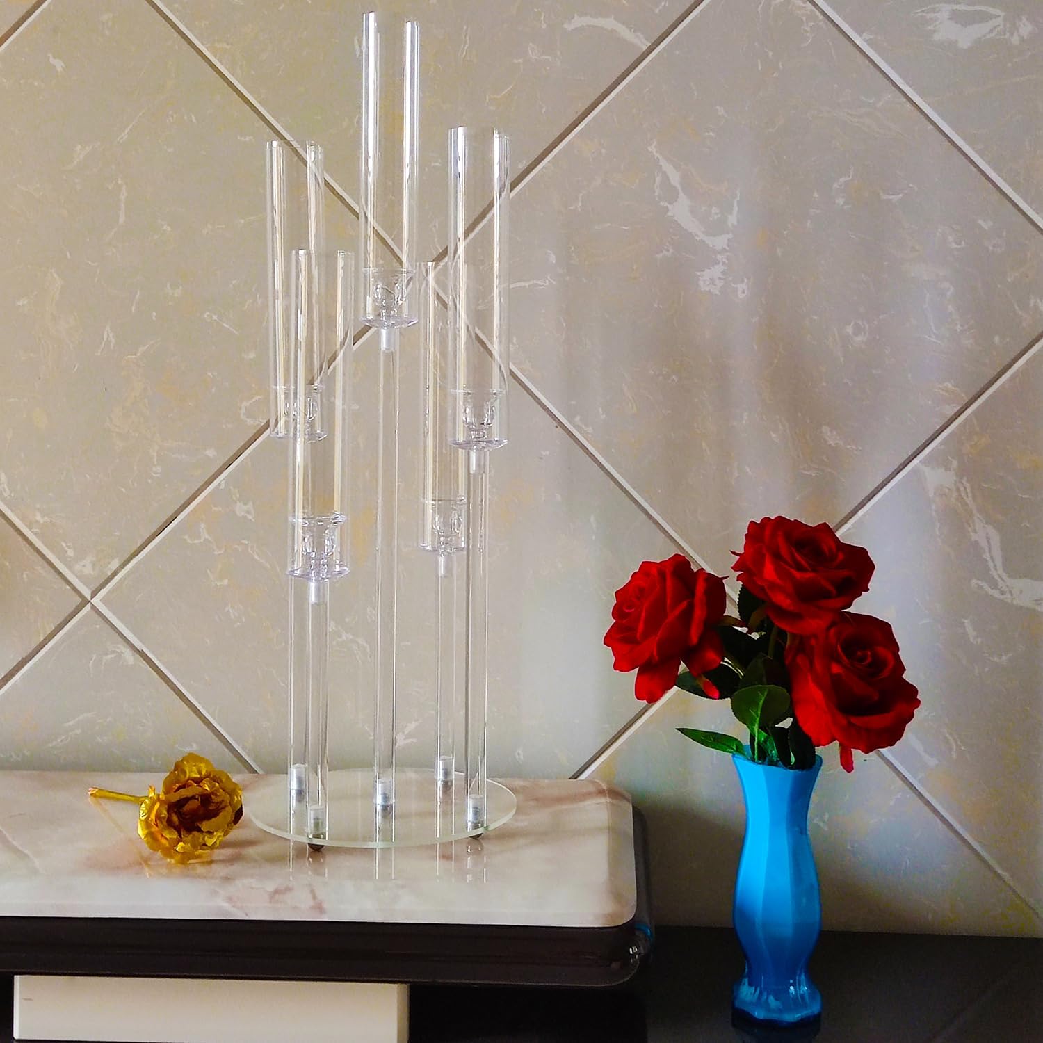 Candelabro transparente de 5 brazos para boda, candelabro acrílico para centro de mesa, candelabro de cristal de 5 brazos con pantalla acrílica para