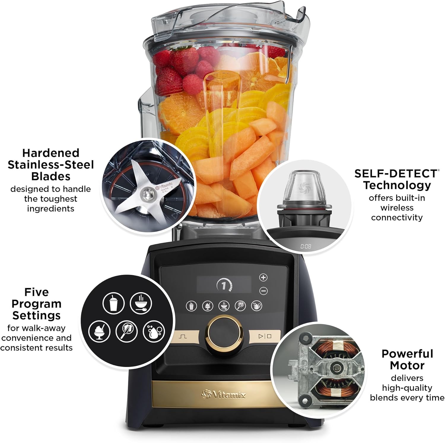 Vitamix A3500 Ascent Series Gold Label Smart Blender, grado profesional, contenedor de bajo perfil, 64 onzas, azul marino mate con detalles dorados