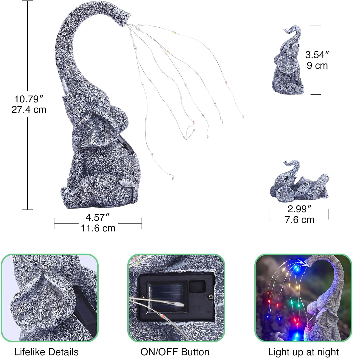 Estatua de elefante con luces de riego solares, decoración de jardín, figuras impermeables para exteriores, regalos de elefante de buena suerte,