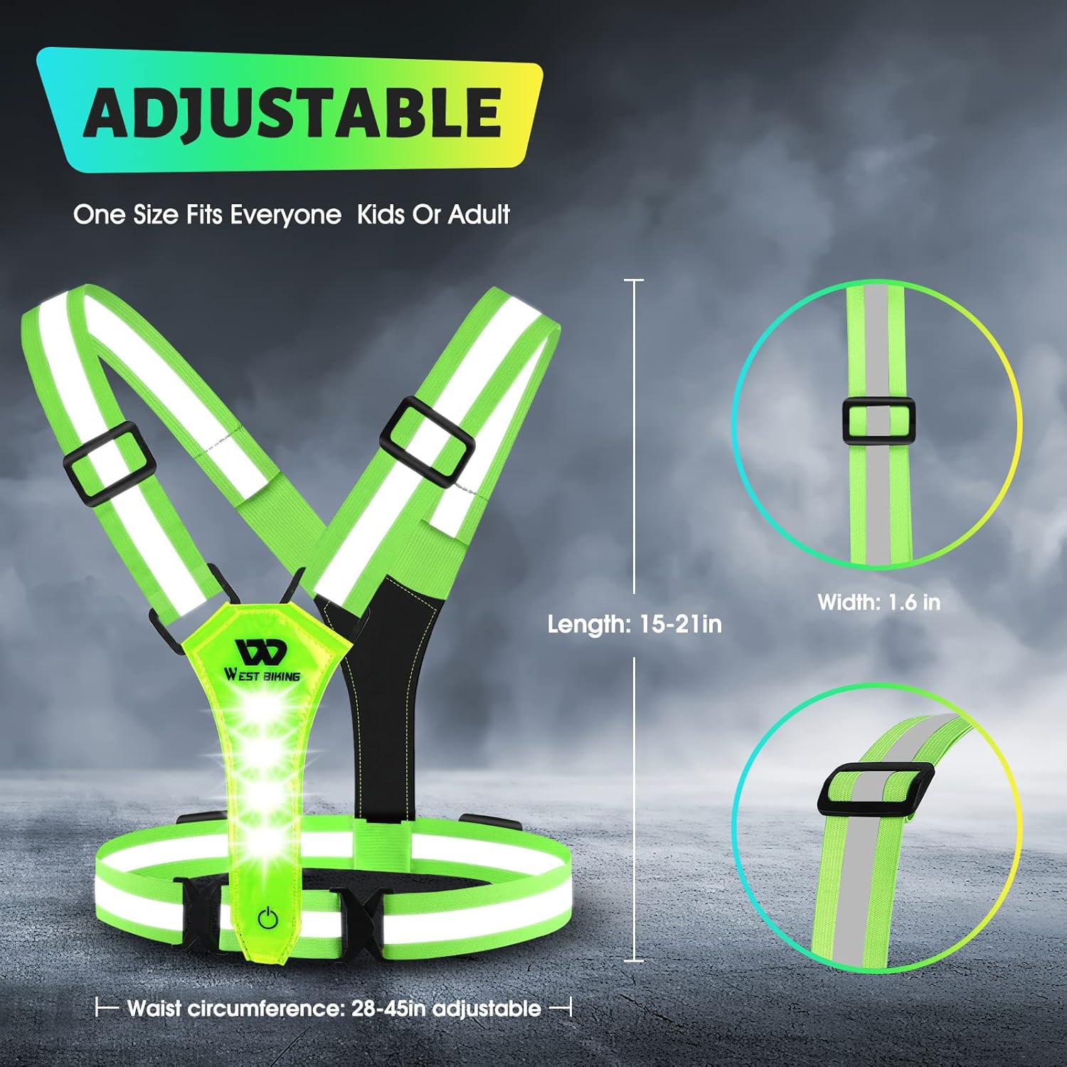 West Biking Running Vest Light – Led Running Reflective Gear for Walking at Night, High Visibility Night Rechargeable Light Up Running Vest,