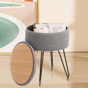 Taburete de tocador con otomana de almacenamiento, silla de tocador de lino para sala de maquillaje, reposapiés redondo con 4 patas de metal y pies Taburete de tocador con otomana de almacenamiento, silla de tocador de lino para sala de maquillaje, reposapiés redondo con 4 patas de metal y pies