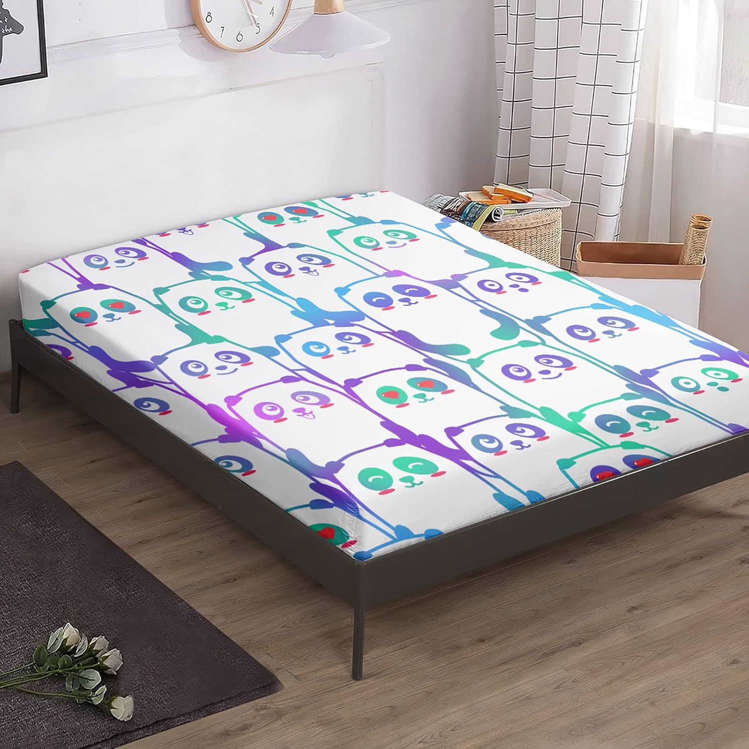 BailiPromise Juego de sábanas de 4 piezas con diseño de panda de dibujos animados tamaño Queen, diseño de animales kawaii, sábana bajera estampada