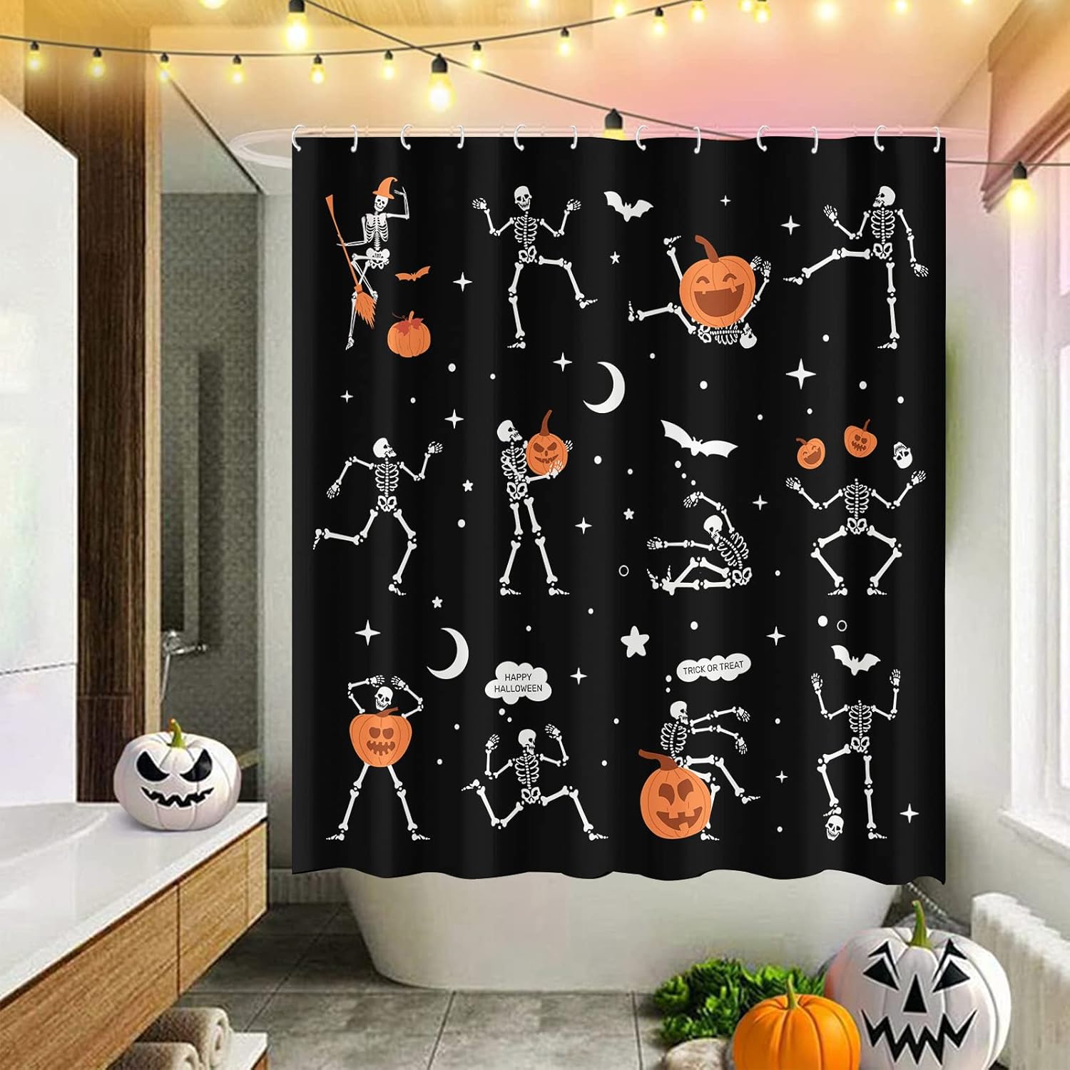 Cortina de ducha de calavera de Halloween para baño, divertida danza de esqueleto gótico en blanco y negro, cortinas de ducha de tela impermeable,