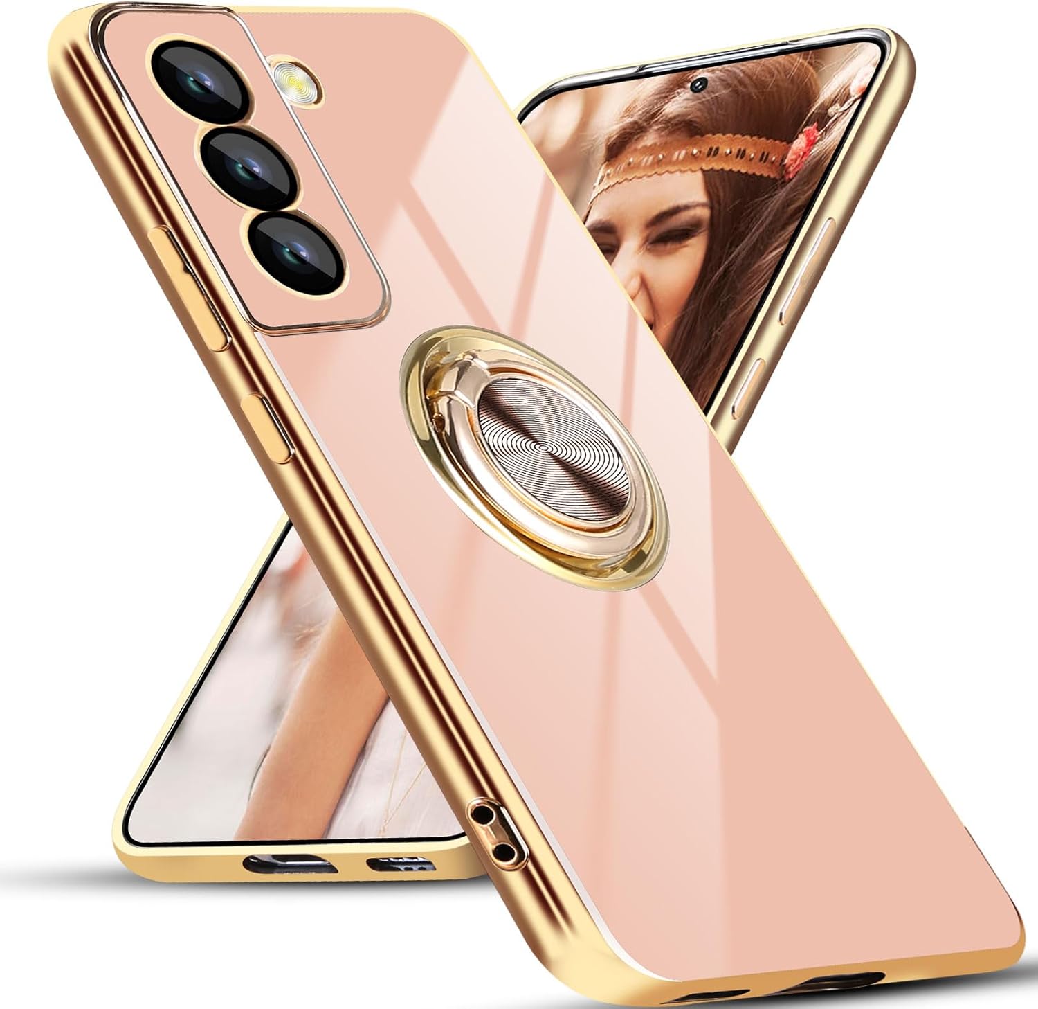Aitipy Funda para Samsung Galaxy S21 FE con 1 protector de pantalla, soporte de anillo de rotación de 360 integrado, borde chapado brillante de
