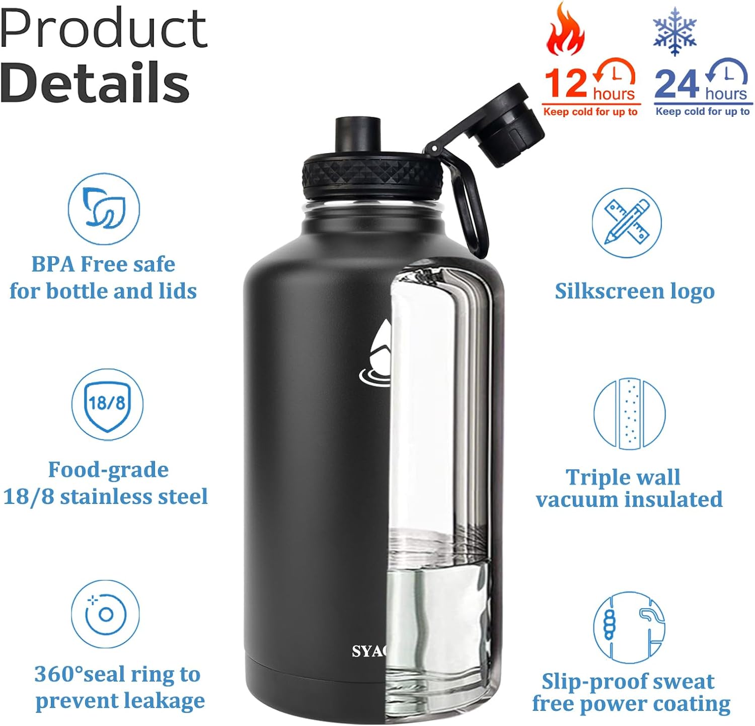 Jarra de agua aislada de medio galón, botella de agua de acero inoxidable aislada, tapa con popote y tapa para beber, botella de agua grande de